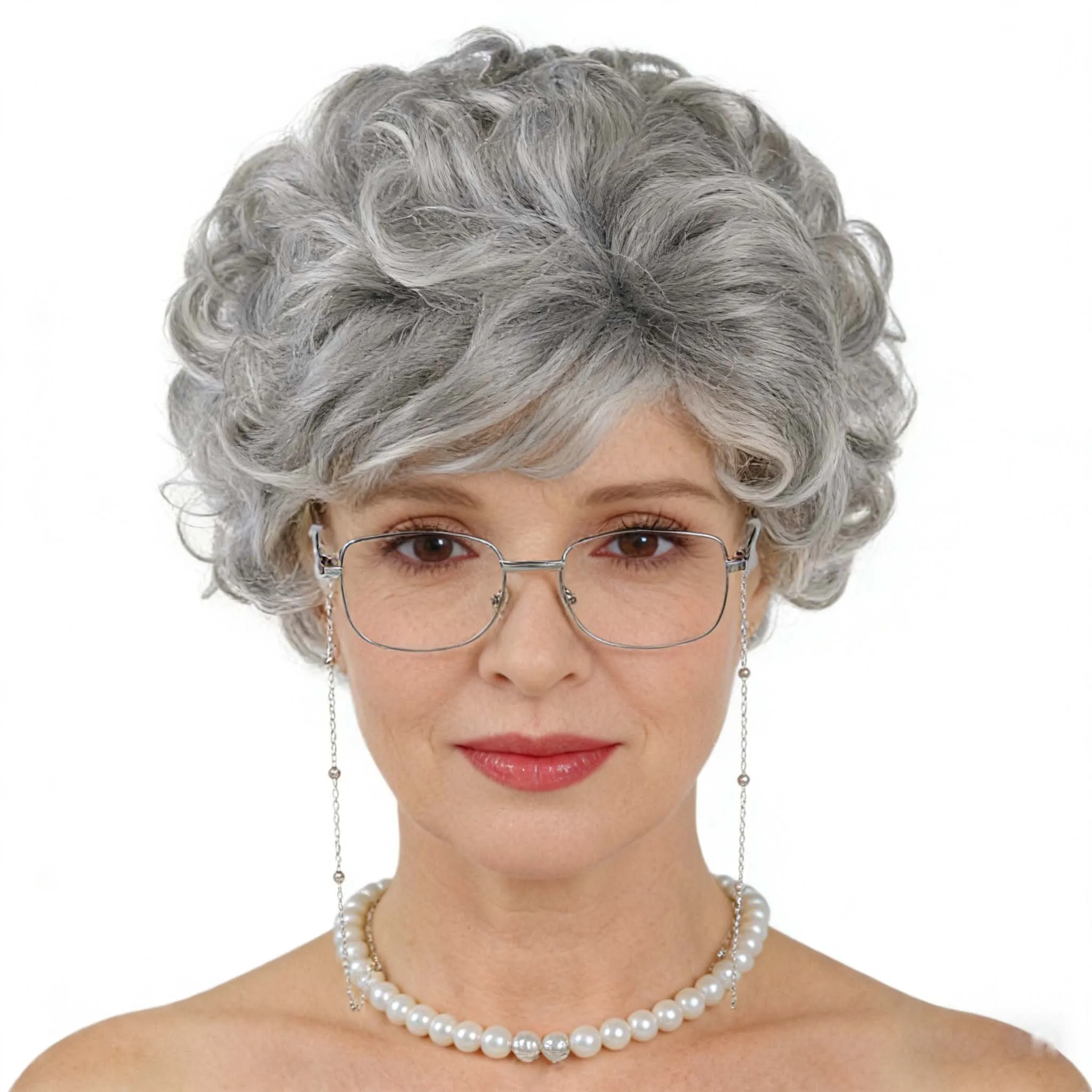 Synthetic Wigs Short Curly Salt and Pepper with Glasses and Pearl Necklace Set Fluffy Heat Resistant Wig for Women Cosplay Wear
Synthetic Wigs Short Curly Salt and Pepper with Glasses and Pearl Necklace Set Fluffy Heat Resistant Wig for Women Cosplay Wear