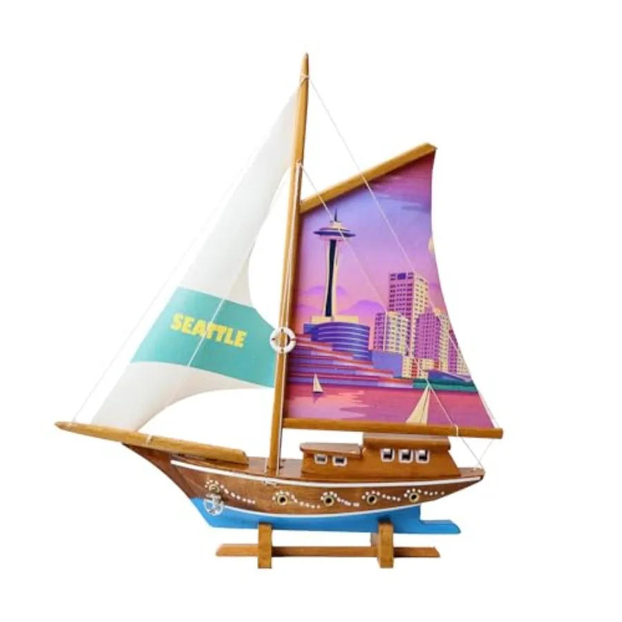 Handmade Seattle-themed fabric and wood sailing yacht model for nautical home decor and gifts, navy blue with white sails, ligh
Handmade Seattle-themed fabric and wood sailing yacht model for nautical home decor and gifts, navy blue with white sails, ligh