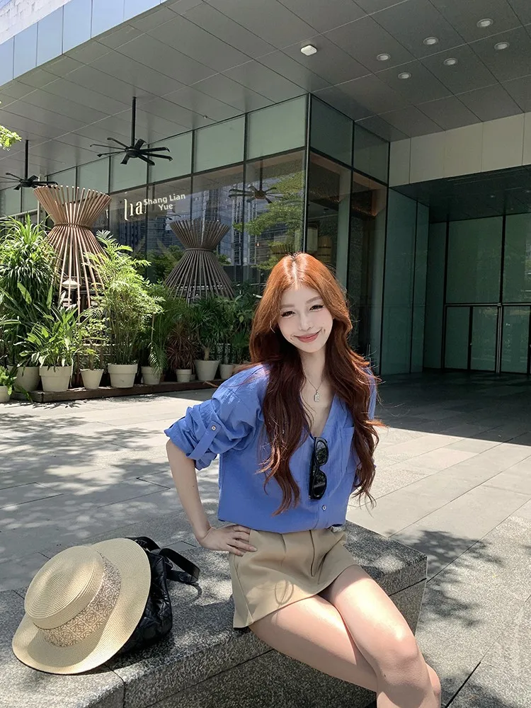 Blue Long Sleeve Loose Fit Shirt Women's Summer Thin Style Slimming Neck Commute Style Korean Version Casual Top
Blue Long Sleeve Loose Fit Shirt Women's Summer Thin Style Slimming Neck Commute Style Korean Version Casual Top