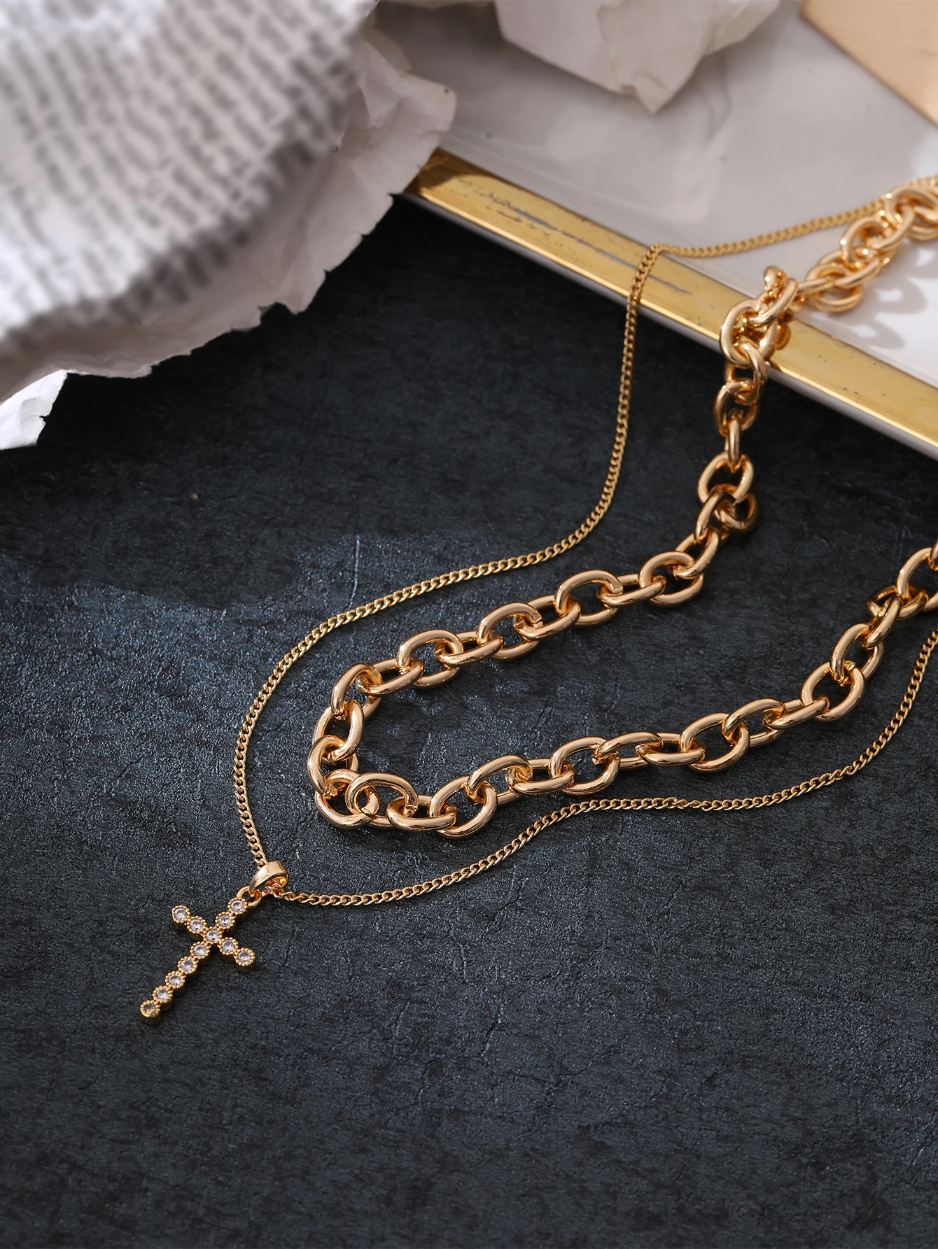 Golden Double-Layer Stacked Chain Cross Zircon Pendant Concert Party Vacation Versatile Hip-Hop Trendy Fashion Niche Necklace
Golden Double-Layer Stacked Chain Cross Zircon Pendant Concert Party Vacation Versatile Hip-Hop Trendy Fashion Niche Necklace