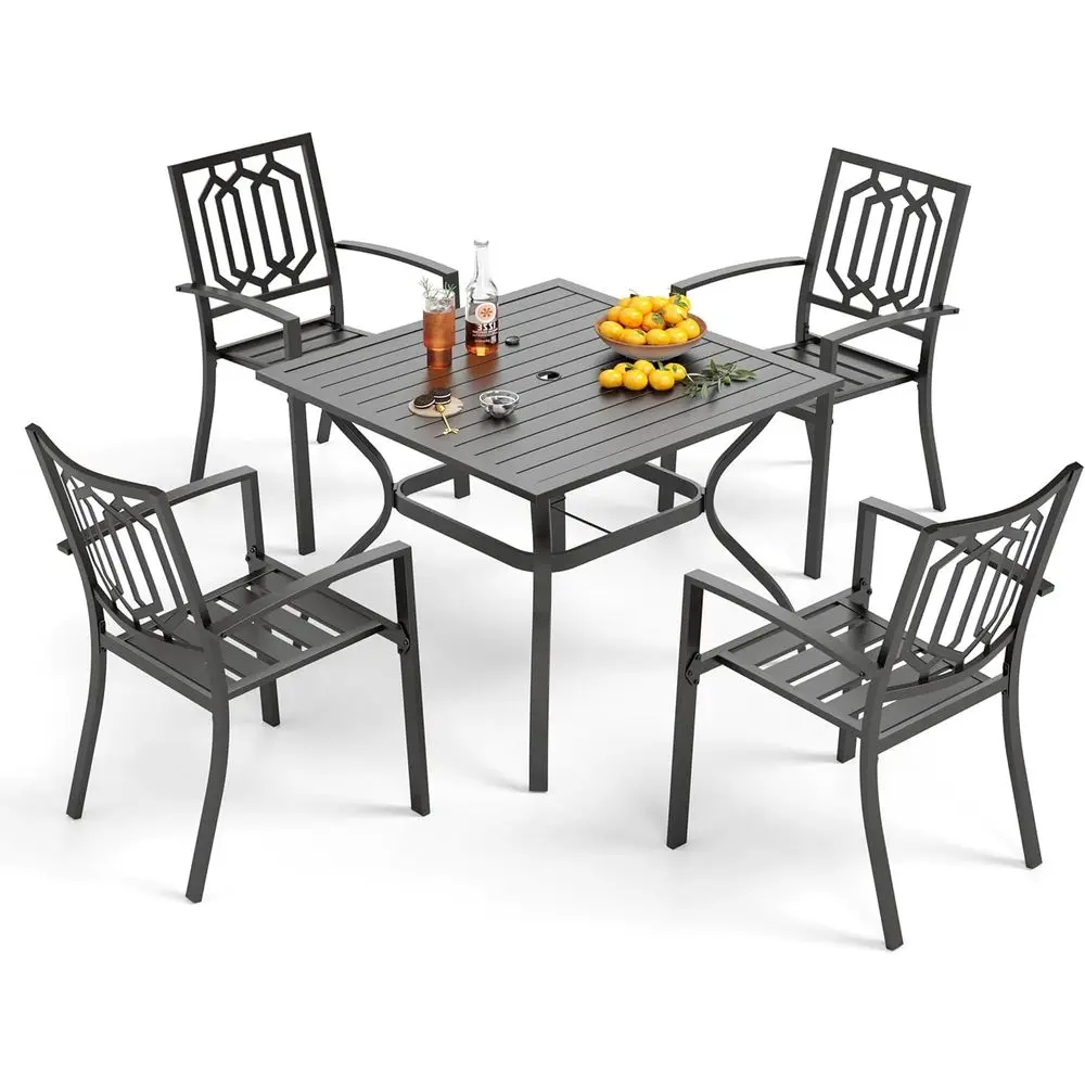 5 Pieces Outdoor Dining Set or 4, 37” Black Square Wrought Iron Table with Umbrella Hole & Stackable Chairs, Outside Metal urnit
5 Pieces Outdoor Dining Set or 4, 37” Black Square Wrought Iron Table with Umbrella Hole & Stackable Chairs, Outside Metal urnit