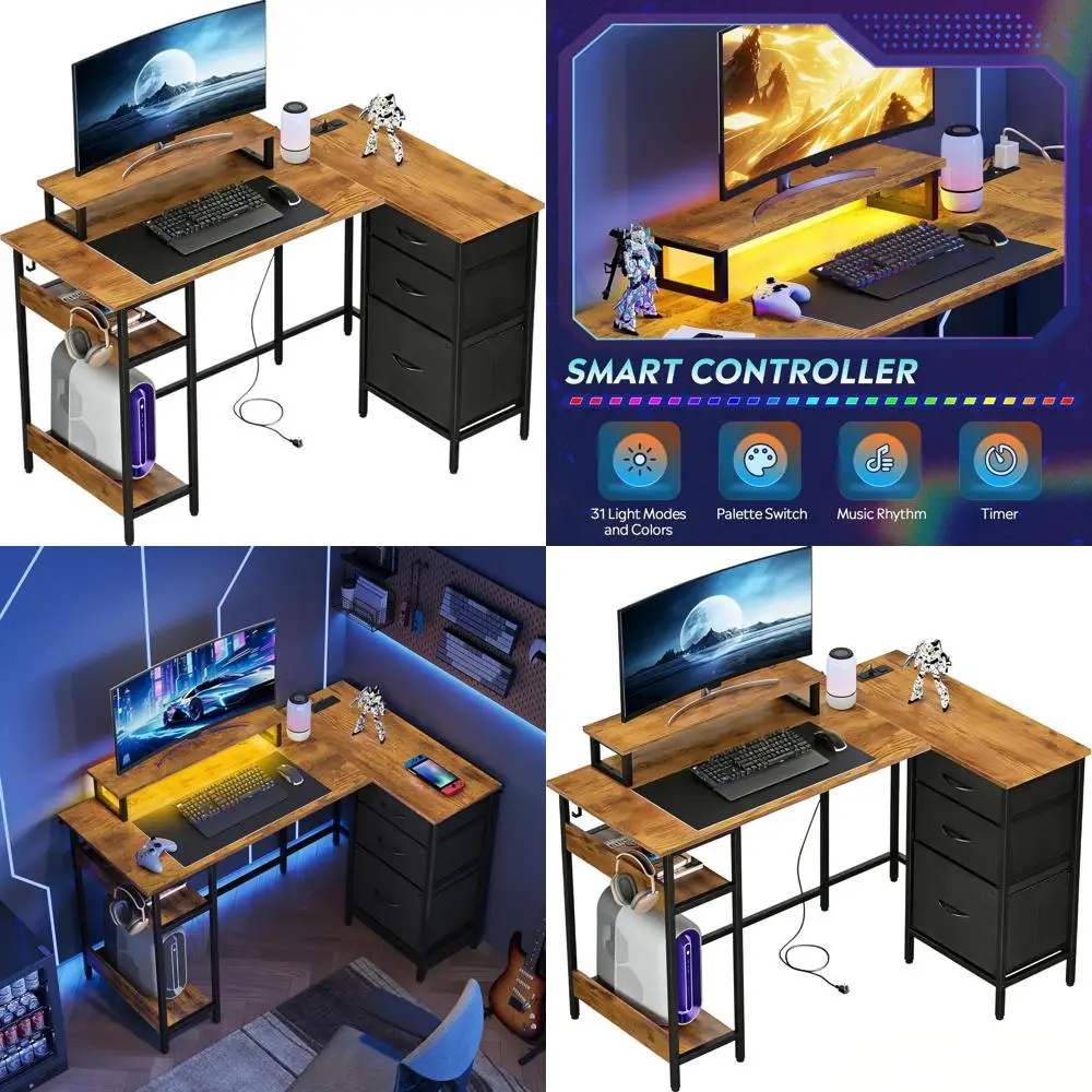 L-Shaped Desk with Drawers, Storage, Power Outlets, Monitor Stand, LED Gaming Table, Rustic Brown, 48x31 Inches
L-Shaped Desk with Drawers, Storage, Power Outlets, Monitor Stand, LED Gaming Table, Rustic Brown, 48x31 Inches