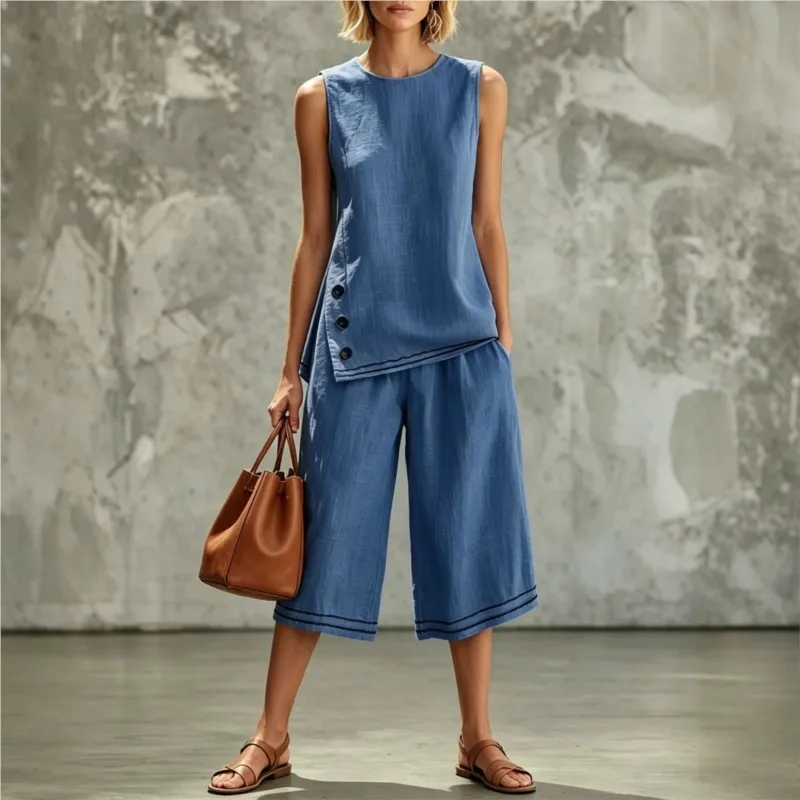 Summer Fashion Side Slit Vest Wide Leg 7 Points Pants 2-piece Set Women's New Casual Sleeveless Loose Female Vacation Set
Summer Fashion Side Slit Vest Wide Leg 7 Points Pants 2-piece Set Women's New Casual Sleeveless Loose Female Vacation Set