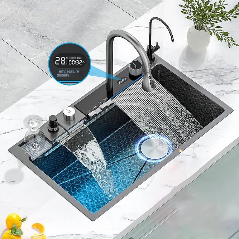 Waterfall Kitchen Sink with Multifunction Digital Display Faucet Stainless Steel Embossed Large Single Slot Kitchen Accessories
Waterfall Kitchen Sink with Multifunction Digital Display Faucet Stainless Steel Embossed Large Single Slot Kitchen Accessories
