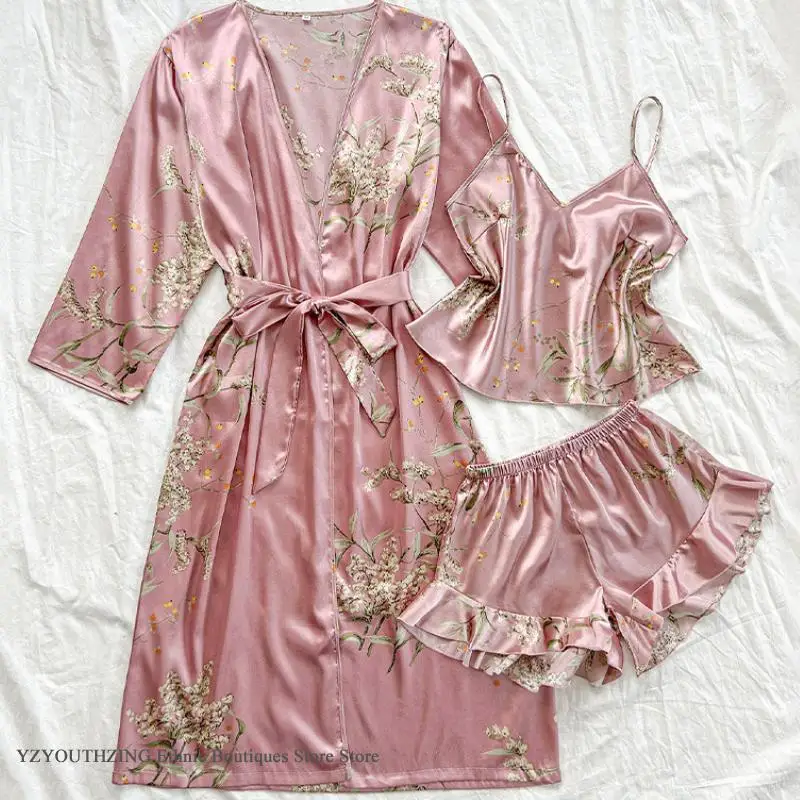 Female 3PCS Robe Pajamas Set Print Flower Kimono Gown Bathrobe Home Clothes Spring Summer New Silk Satin Sleepwear Lingerie
Female 3PCS Robe Pajamas Set Print Flower Kimono Gown Bathrobe Home Clothes Spring Summer New Silk Satin Sleepwear Lingerie