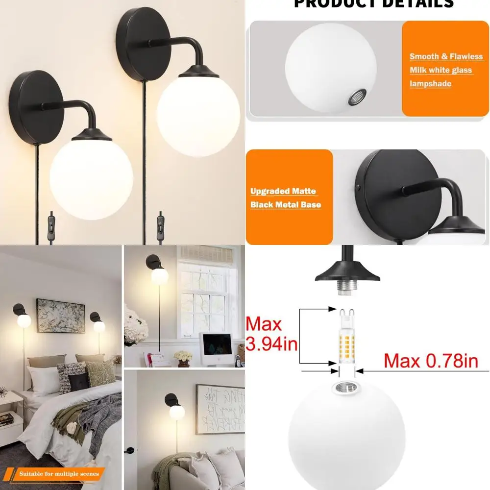 Mid-Century Plug-In Wall Sconces Pair, Art Deco Style with White Glass Shades, for Home Lighting
Mid-Century Plug-In Wall Sconces Pair, Art Deco Style with White Glass Shades, for Home Lighting