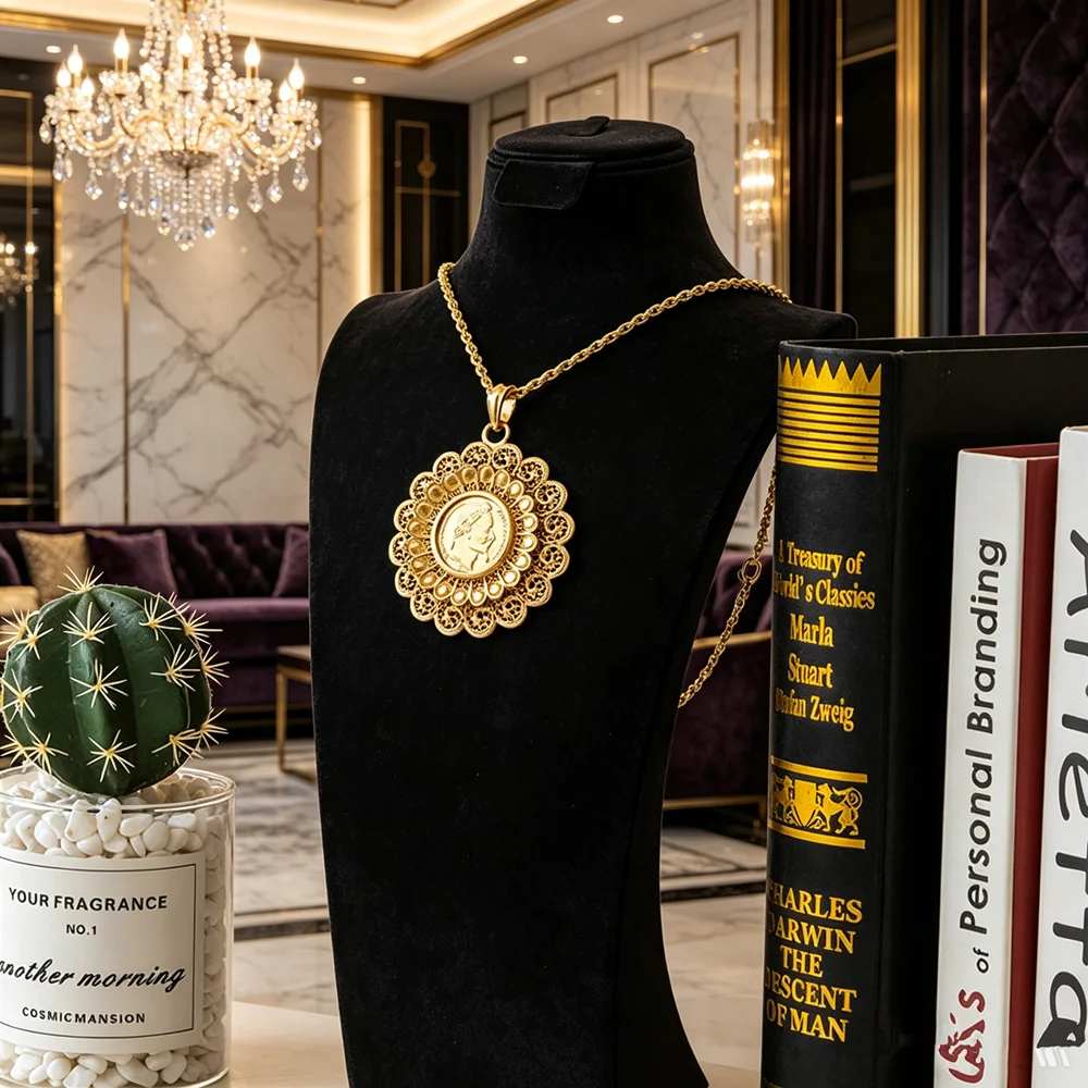 Vintage Golden Coin Pendant Necklace Twisted Rope Chain Floral Frame
Vintage Golden Coin Pendant Necklace Twisted Rope Chain Floral Frame