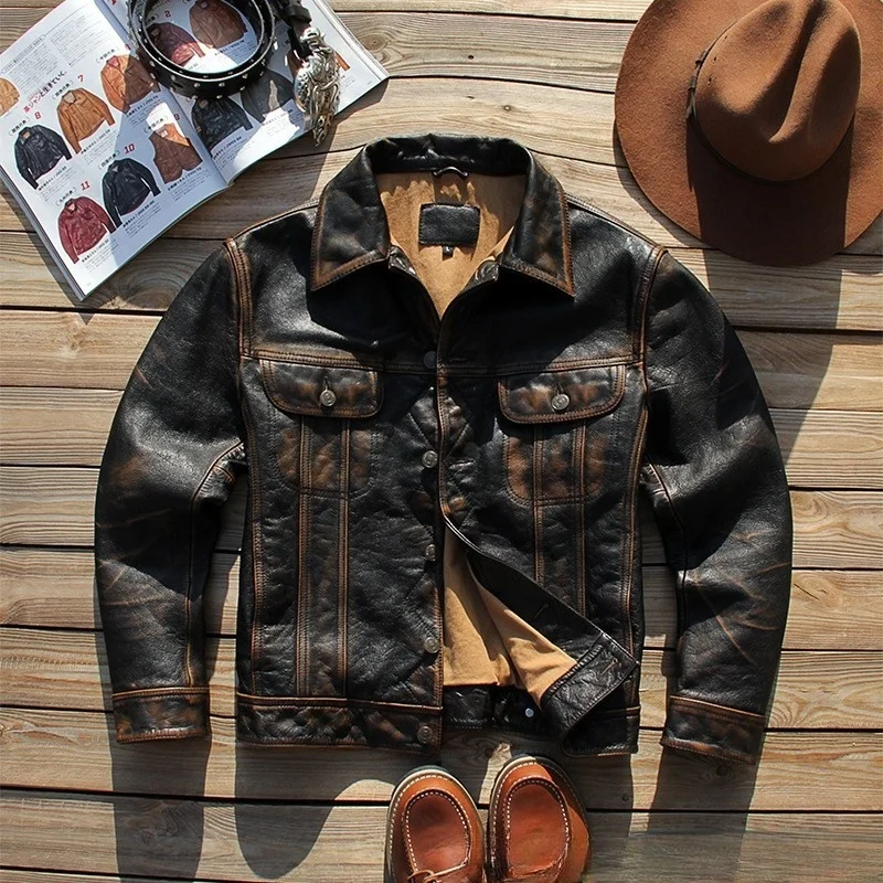 A short leather with hand-rubbed color tea heart and cowhide lapel for men
A short leather with hand-rubbed color tea heart and cowhide lapel for men