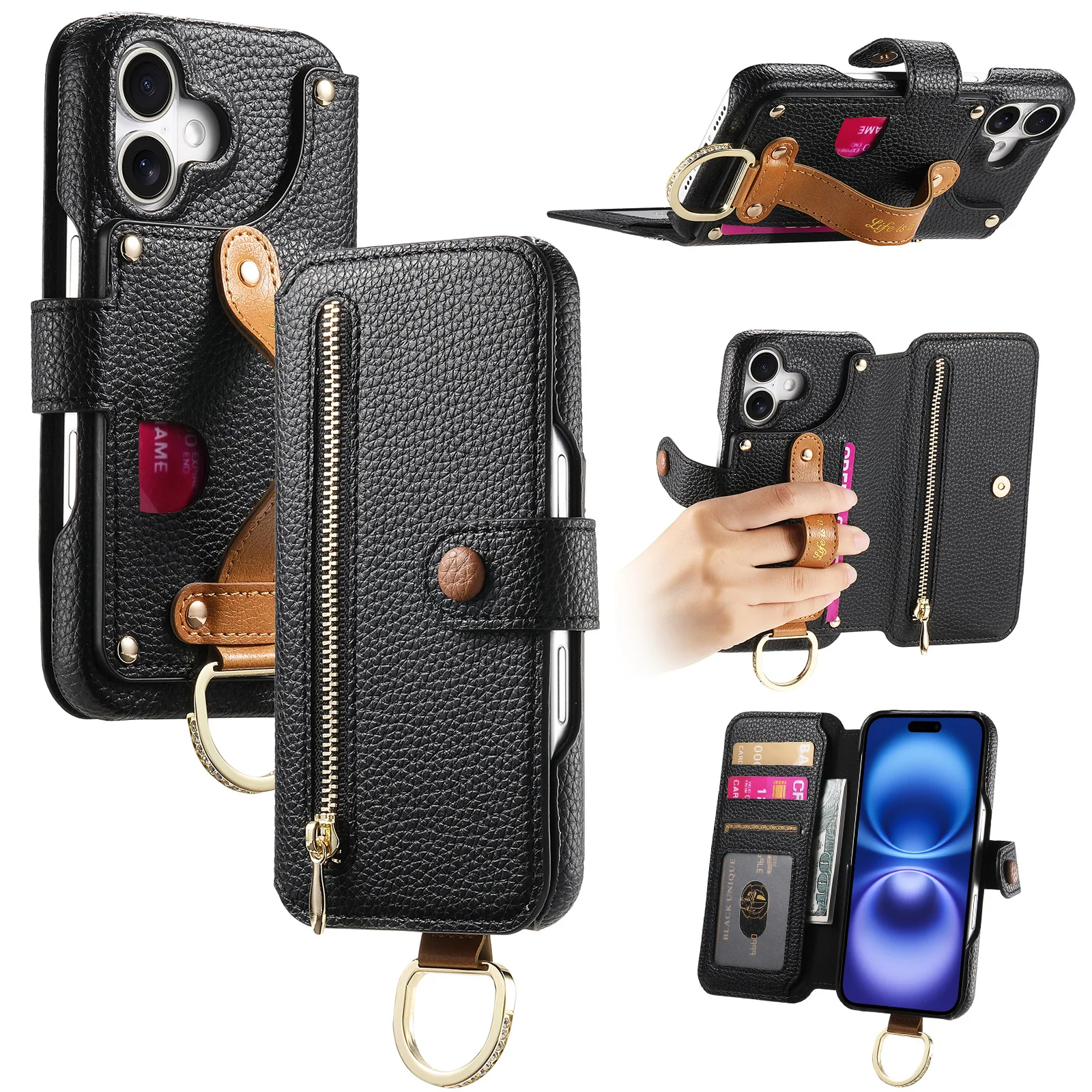 Litchi Texture Card Slot Zipper Wallet Leather Phone Case for iPhone 16e 15 14 13 12 11 Plus Pro Max Ring Stand Cover
Litchi Texture Card Slot Zipper Wallet Leather Phone Case for iPhone 16e 15 14 13 12 11 Plus Pro Max Ring Stand Cover