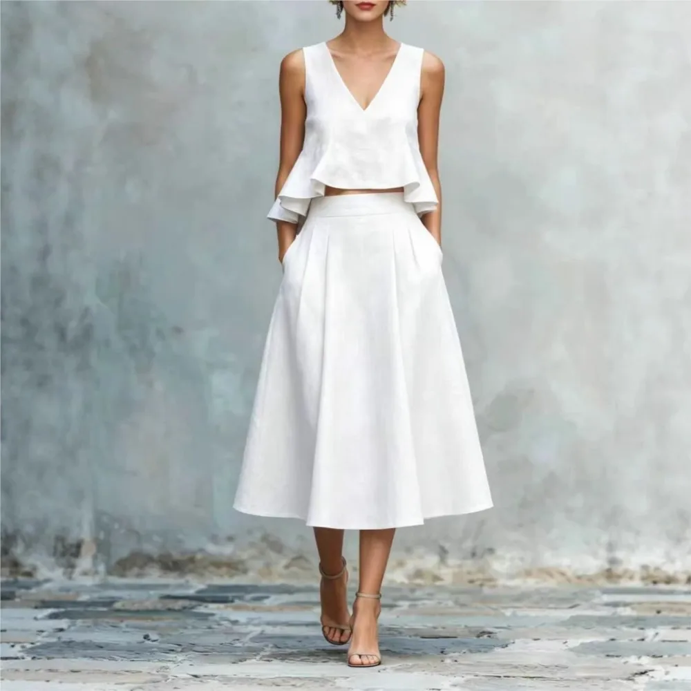 Vintage Elegant Solid Color 2 Piece Set Women V Neck Sleeveless Ruffle Crop Top High Waist Pleated Midi Skirt Set Evening Skirt
Vintage Elegant Solid Color 2 Piece Set Women V Neck Sleeveless Ruffle Crop Top High Waist Pleated Midi Skirt Set Evening Skirt