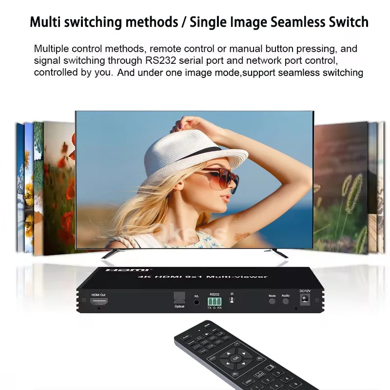 4K 60hz 9x1 HDMI Multiviewer with PIP 9 in 1 Out Seamless Switch 9 Channel Video Multi-viewer Support 3.5mm Audio Extract RS232
4K 60hz 9x1 HDMI Multiviewer with PIP 9 in 1 Out Seamless Switch 9 Channel Video Multi-viewer Support 3.5mm Audio Extract RS232