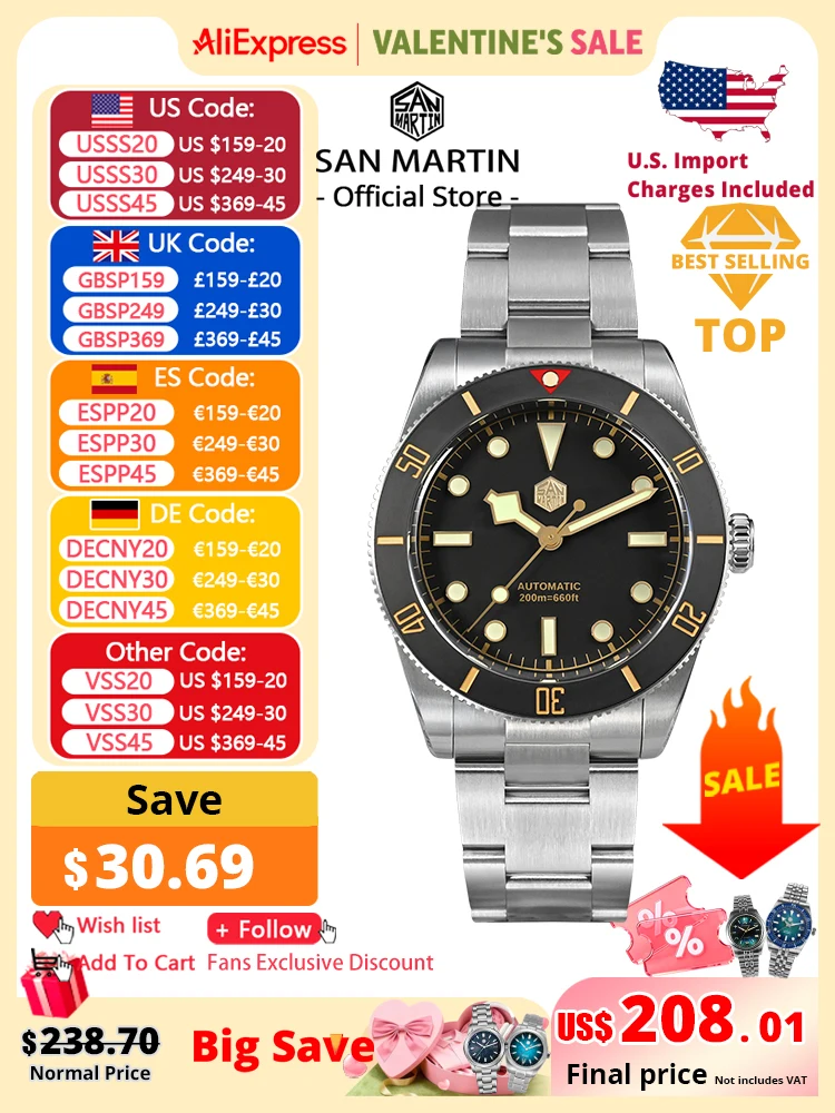 San Martin New 37mm BB54 Vintage Diver Watch NH35 Automatic Mechanical Men Wristwatches Sapphire Luminous Waterproof 200m SN0138
San Martin New 37mm BB54 Vintage Diver Watch NH35 Automatic Mechanical Men Wristwatches Sapphire Luminous Waterproof 200m SN0138