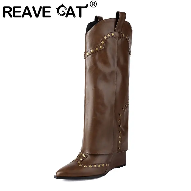 Женские сапоги с заостренным носком REAVE CAT, ковбойские сапоги на танкетке без застежек с заклепками 9 см, длинные ботинки больших размеров 42, 43
Женские сапоги с заостренным носком REAVE CAT, ковбойские сапоги на танкетке без застежек с заклепками 9 см, длинные ботинки больших размеров 42, 43