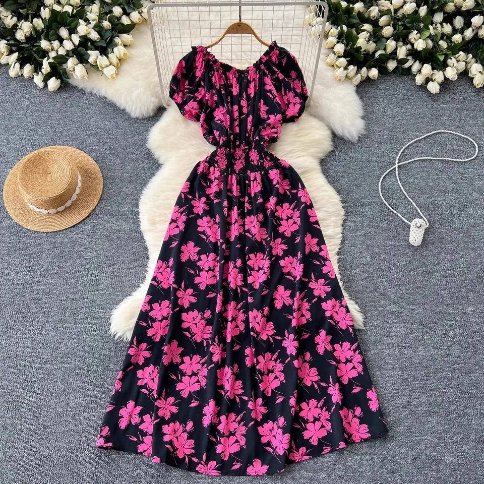 French One Shoulder Bubble Sleeve Elastic Waist Floral Dress for Women with High Waist Big Swing Over Knee Vacation dress
French One Shoulder Bubble Sleeve Elastic Waist Floral Dress for Women with High Waist Big Swing Over Knee Vacation dress