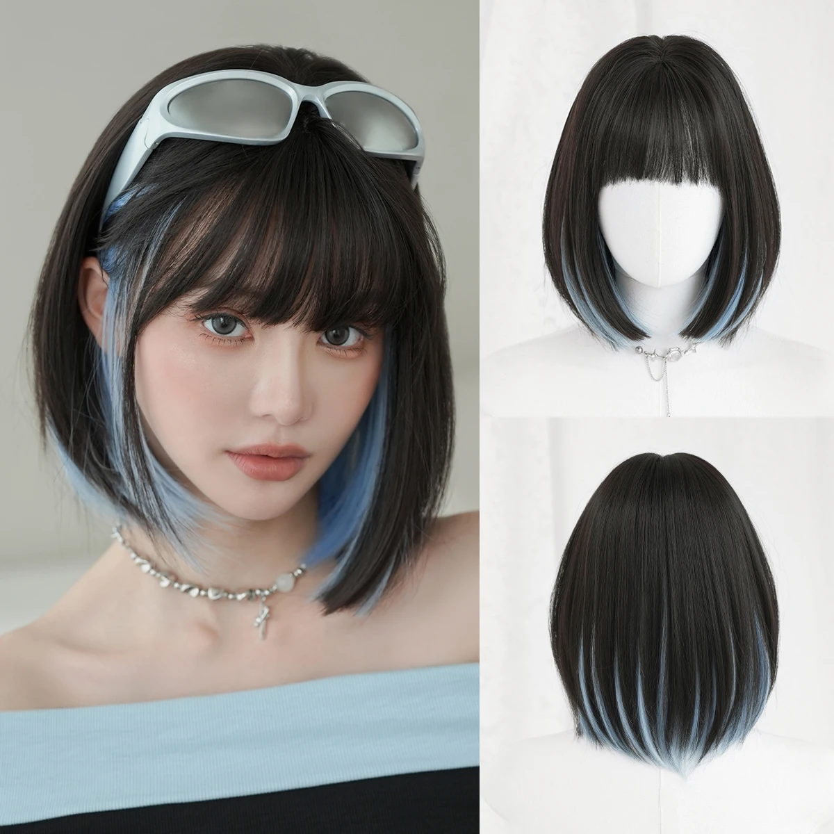 7JHH WIGS Short Straight Black Highlight Blue Wig for Women Synthetic Modest Fashion Wear and Go Bob Wigs with Neat Bangs
7JHH WIGS Short Straight Black Highlight Blue Wig for Women Synthetic Modest Fashion Wear and Go Bob Wigs with Neat Bangs