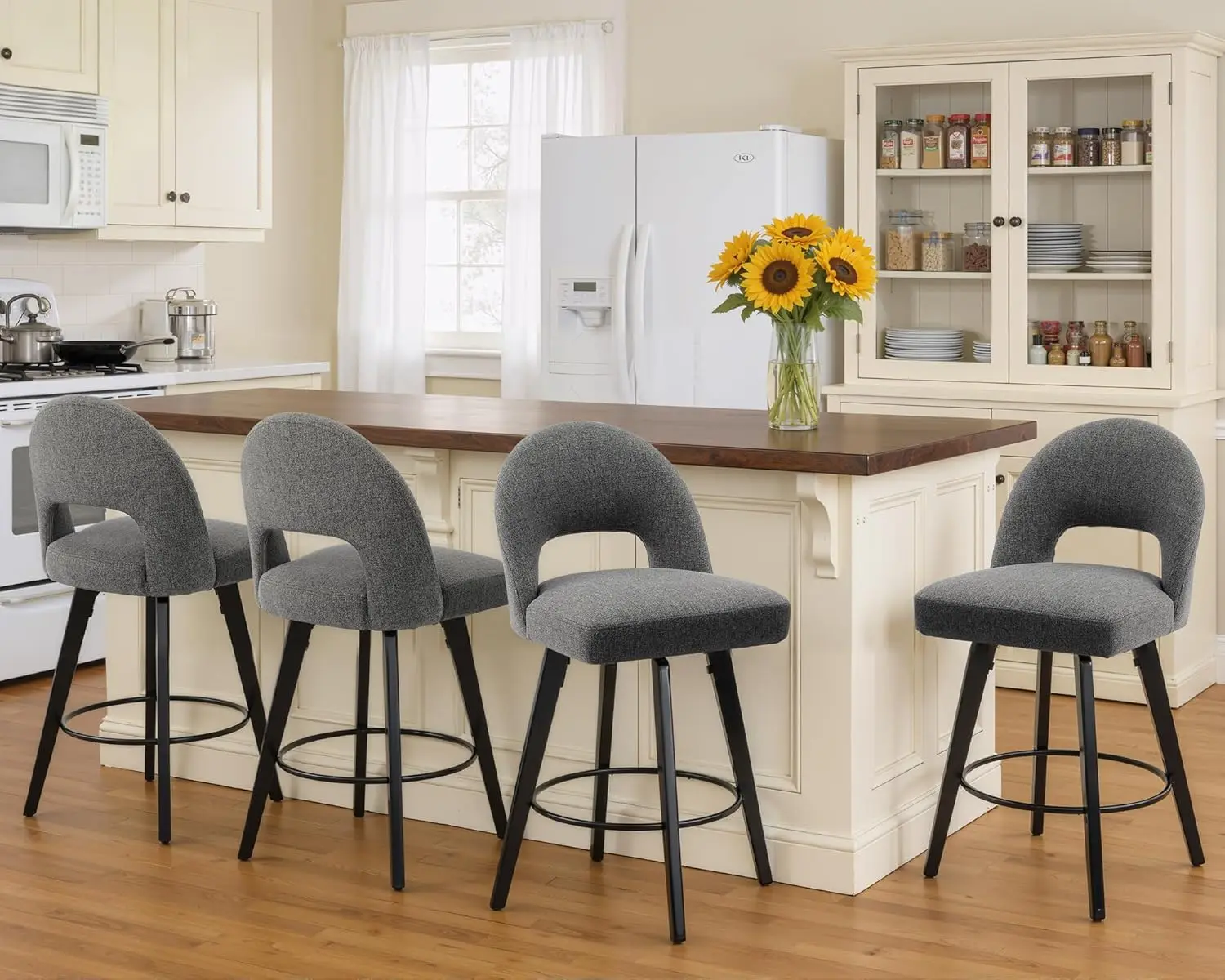 26in Swivel Counter Stools Set 4 Upholstered Linen Back Rubberwood Legs Kitchen Dining Grey Customized
26in Swivel Counter Stools Set 4 Upholstered Linen Back Rubberwood Legs Kitchen Dining Grey Customized