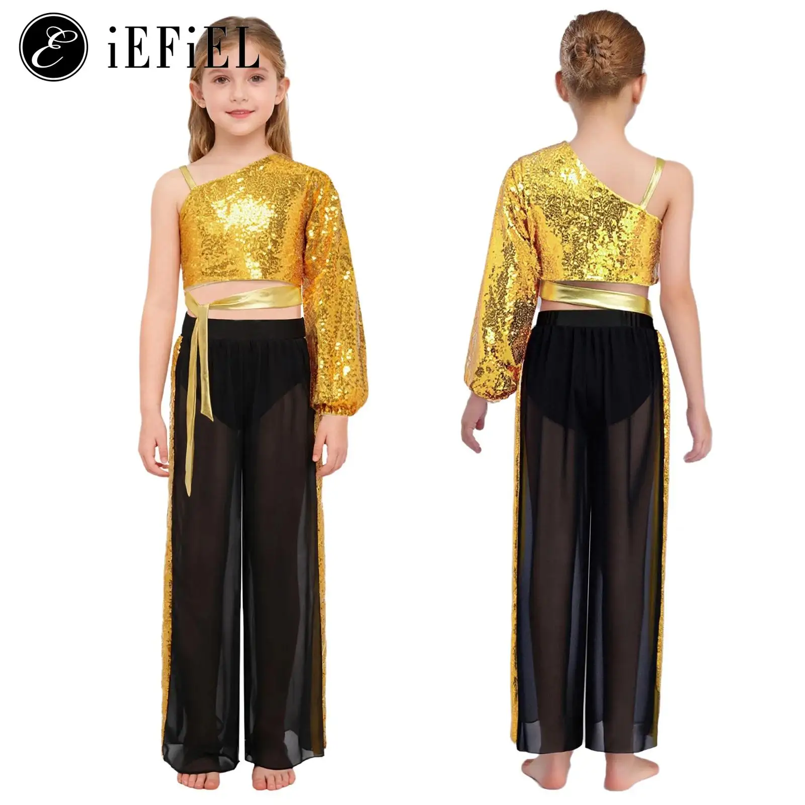 Kids Girls Sequins Lyrical Dance Outfit One Shoulder Long Sleeve Side Crop Top And Chiffon Wide-Leg Pants Ballet Jazz Dancewear
Kids Girls Sequins Lyrical Dance Outfit One Shoulder Long Sleeve Side Crop Top And Chiffon Wide-Leg Pants Ballet Jazz Dancewear