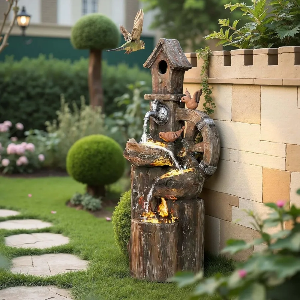 Outdoor Water Fountain, Decorative Garden Birdhouse, 3-Tier Cascading Waterfall with LED Lights and Water Wheel, Customized
Outdoor Water Fountain, Decorative Garden Birdhouse, 3-Tier Cascading Waterfall with LED Lights and Water Wheel, Customized