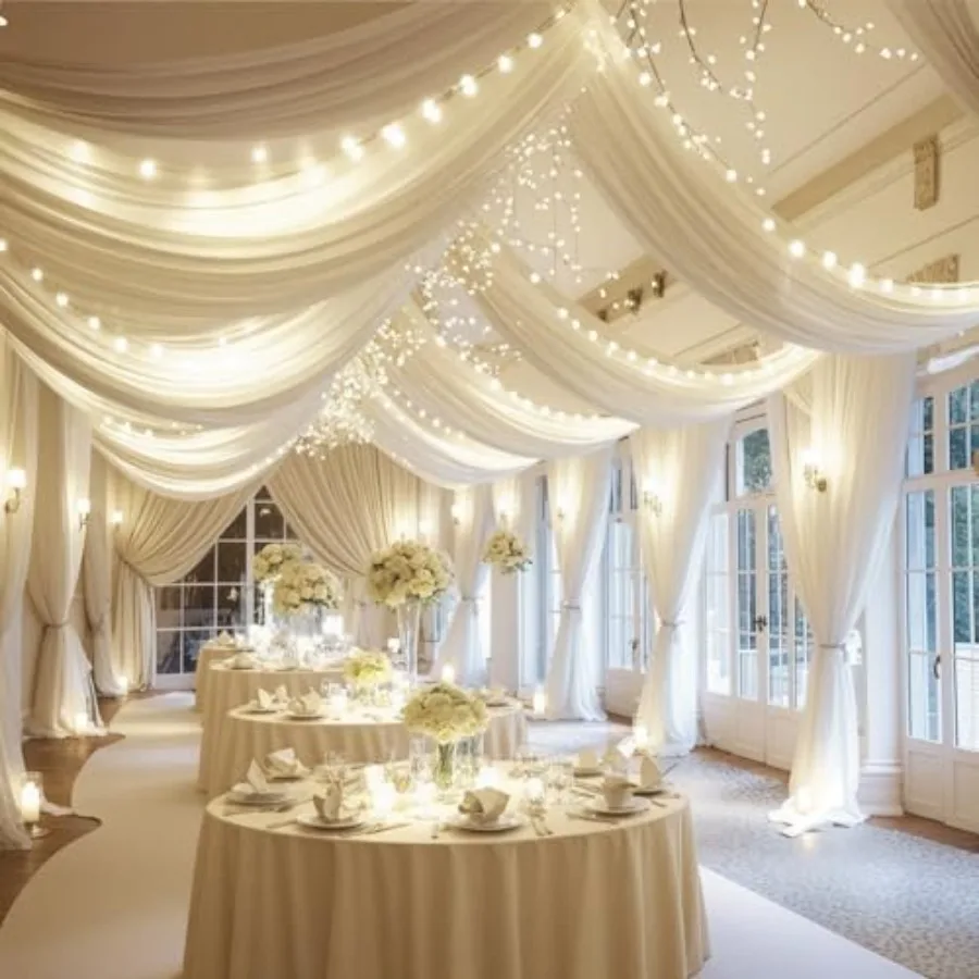 Wedding party decorations: ivory sheer tulle ceiling drapes with integrated lights, 5ftx10ft, lightweight and elegant
Wedding party decorations: ivory sheer tulle ceiling drapes with integrated lights, 5ftx10ft, lightweight and elegant