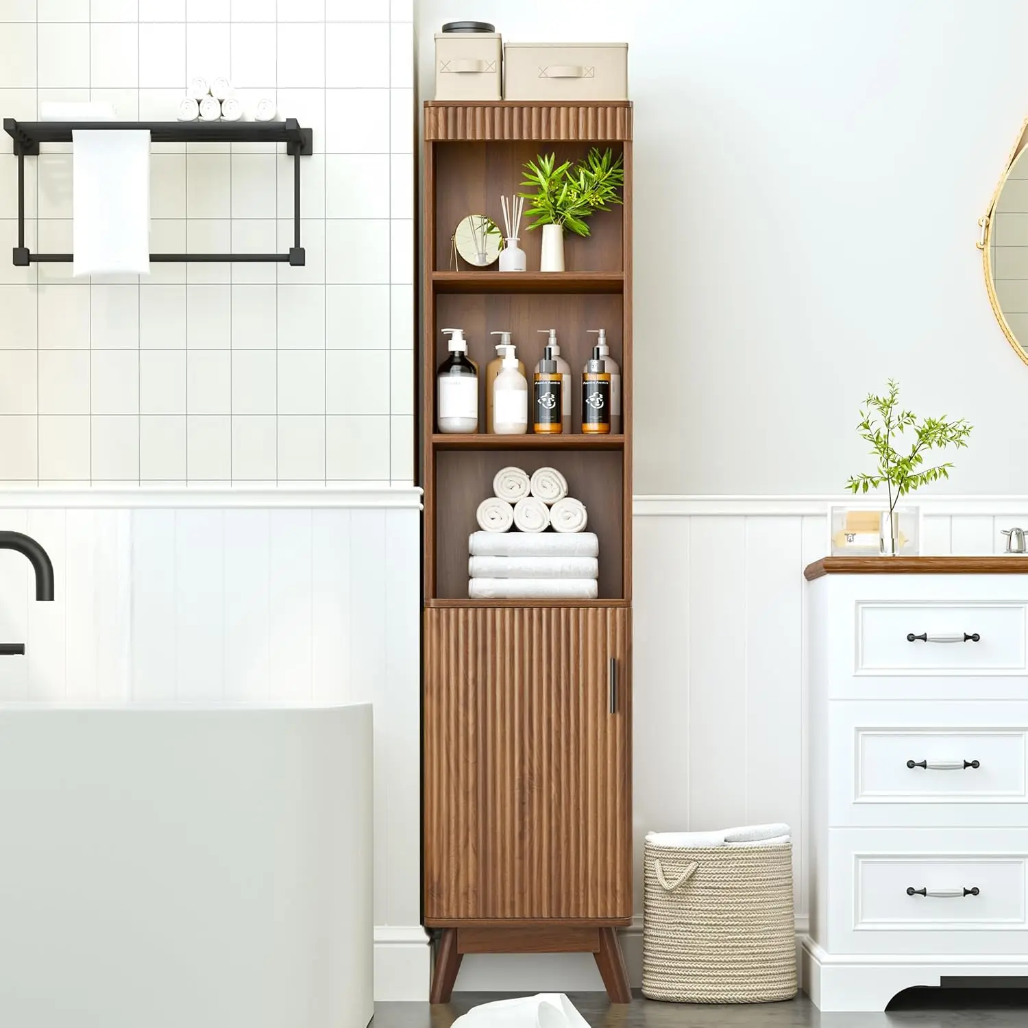 68" Fluted Tall Bathroom Cabinet Slim Storage Unit with Door & Shelves 12"x16"x68", Walnut, Customized
68" Fluted Tall Bathroom Cabinet Slim Storage Unit with Door & Shelves 12"x16"x68", Walnut, Customized