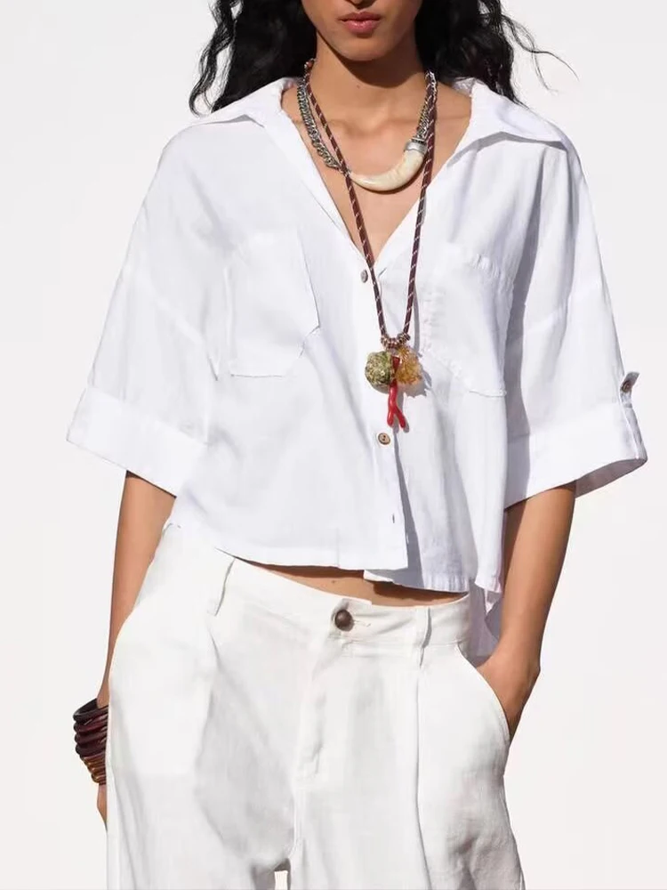 European style new women's fashion versatile temperament solid color blended v-neck short-sleeved shirt
European style new women's fashion versatile temperament solid color blended v-neck short-sleeved shirt