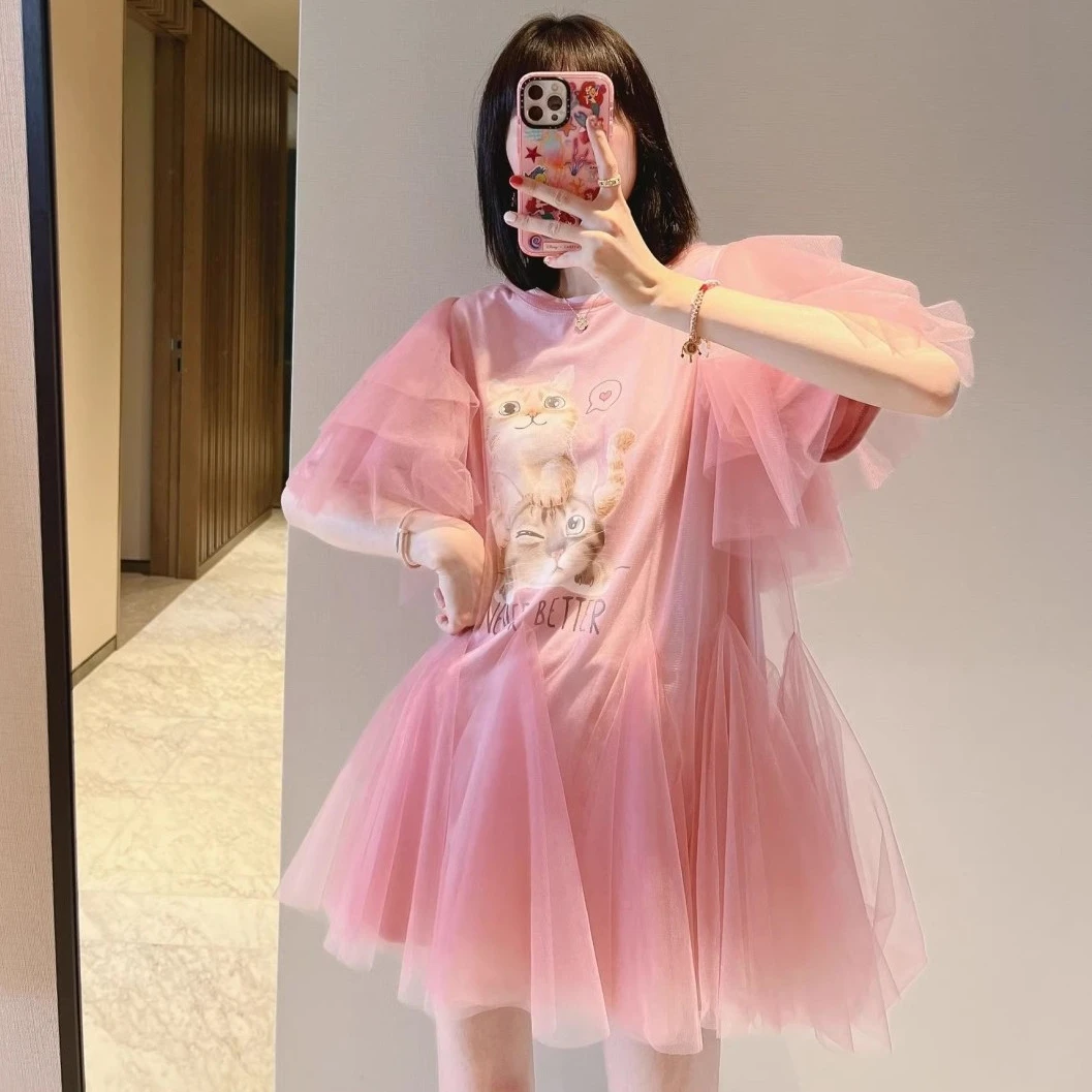 Luxury Cartoon Printed Pink Mesh Spliced Tees Dress Gauze Ruched Irregular T-shirts Dress Jumpers Short Flare Sleeve Crop Tops
Luxury Cartoon Printed Pink Mesh Spliced Tees Dress Gauze Ruched Irregular T-shirts Dress Jumpers Short Flare Sleeve Crop Tops