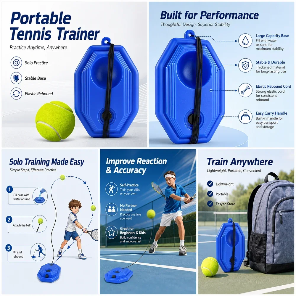 Portable Single Player Tennis Trainer Set with Rope Convenient Personal Tennis Practice Tool
Portable Single Player Tennis Trainer Set with Rope Convenient Personal Tennis Practice Tool