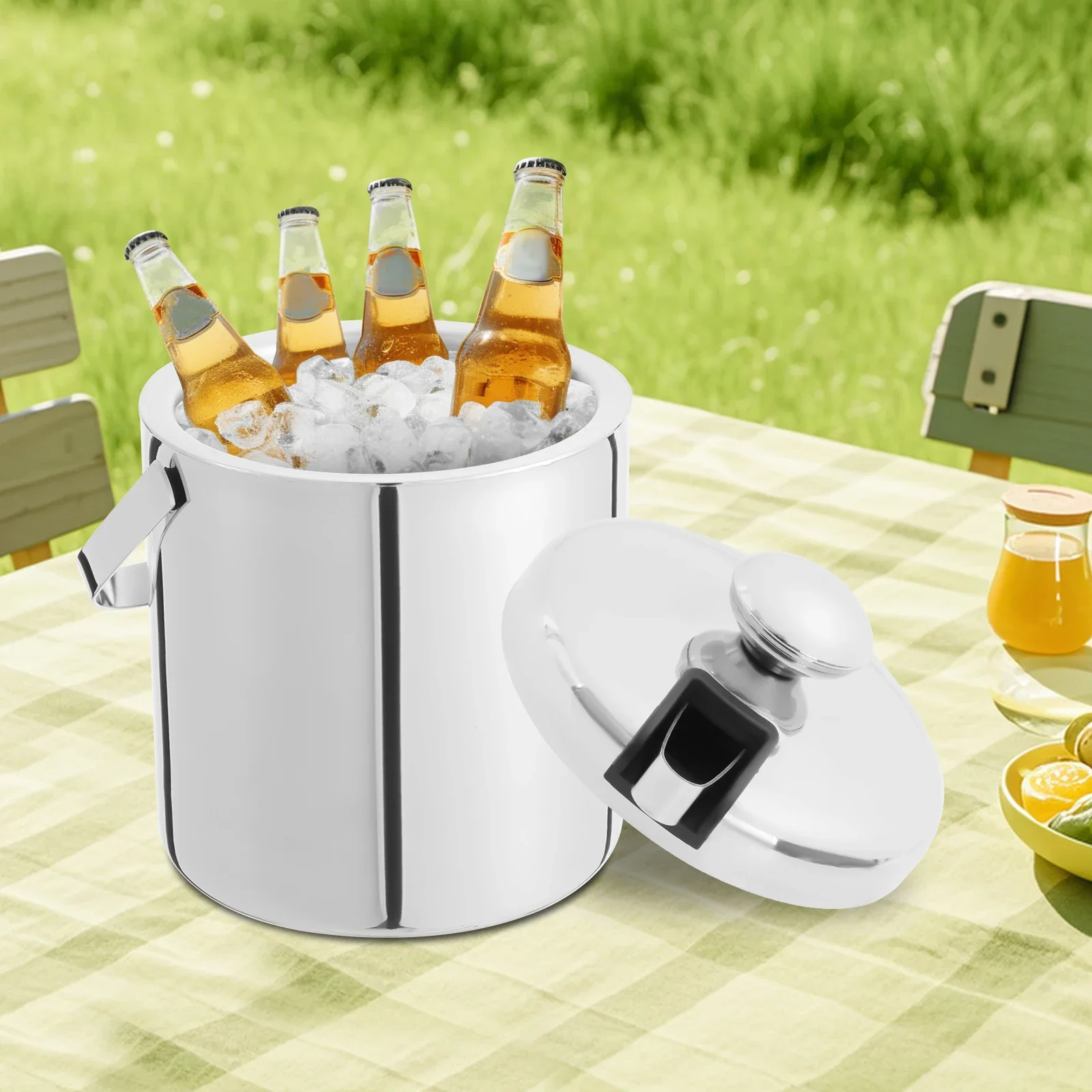 1.3L Ice Bucket,Double-layer 304 Stainless Steel Cooler Buckets Ice Cube Beverage Container Silver,with Ice Tongs and Lid
1.3L Ice Bucket,Double-layer 304 Stainless Steel Cooler Buckets Ice Cube Beverage Container Silver,with Ice Tongs and Lid