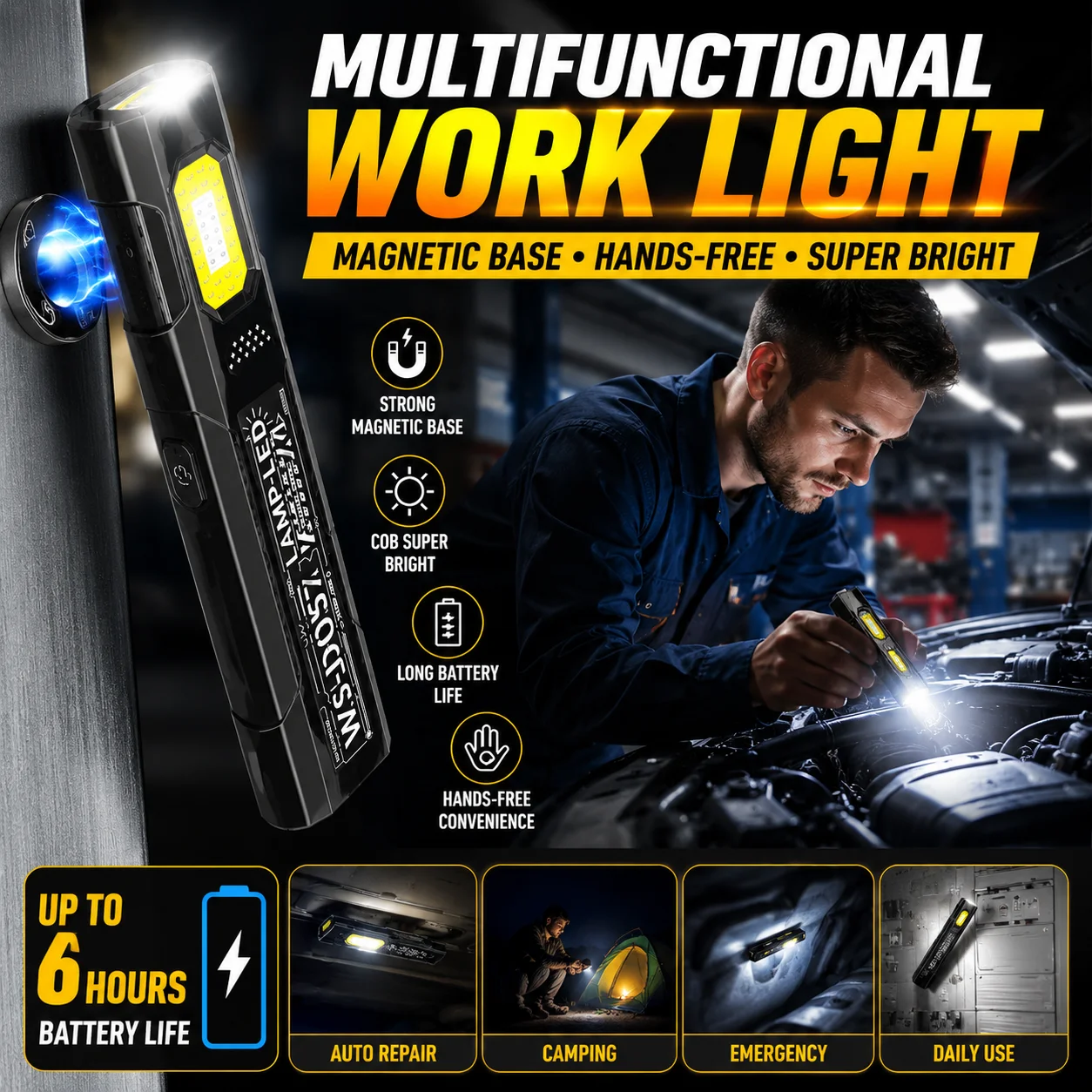 Magnetic COB Work Flashlight USB Rechargeable Multi-Mode Lighting With Red Blue Warning Light Hands-Free Magnetic Back Design
Magnetic COB Work Flashlight USB Rechargeable Multi-Mode Lighting With Red Blue Warning Light Hands-Free Magnetic Back Design