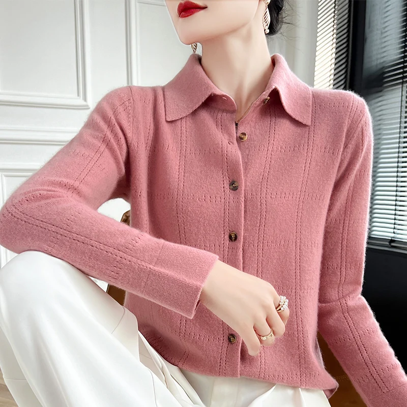 Fashion Women 100% Merino Wool Polo Collar Long Sleeves Knit Cardigan Cashmere Casual Solid Color Soft Warm Gentle Clothing Top
Fashion Women 100% Merino Wool Polo Collar Long Sleeves Knit Cardigan Cashmere Casual Solid Color Soft Warm Gentle Clothing Top