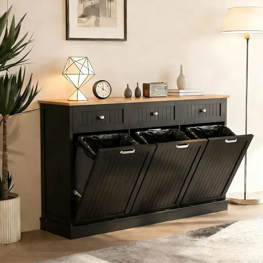 30 Gallon Wooden Triple Bin Cabinet with Hideaway Drawers, Power Outlets, and Pet Proof for Kitchen, Laundry, and Bathroom Stora
30 Gallon Wooden Triple Bin Cabinet with Hideaway Drawers, Power Outlets, and Pet Proof for Kitchen, Laundry, and Bathroom Stora