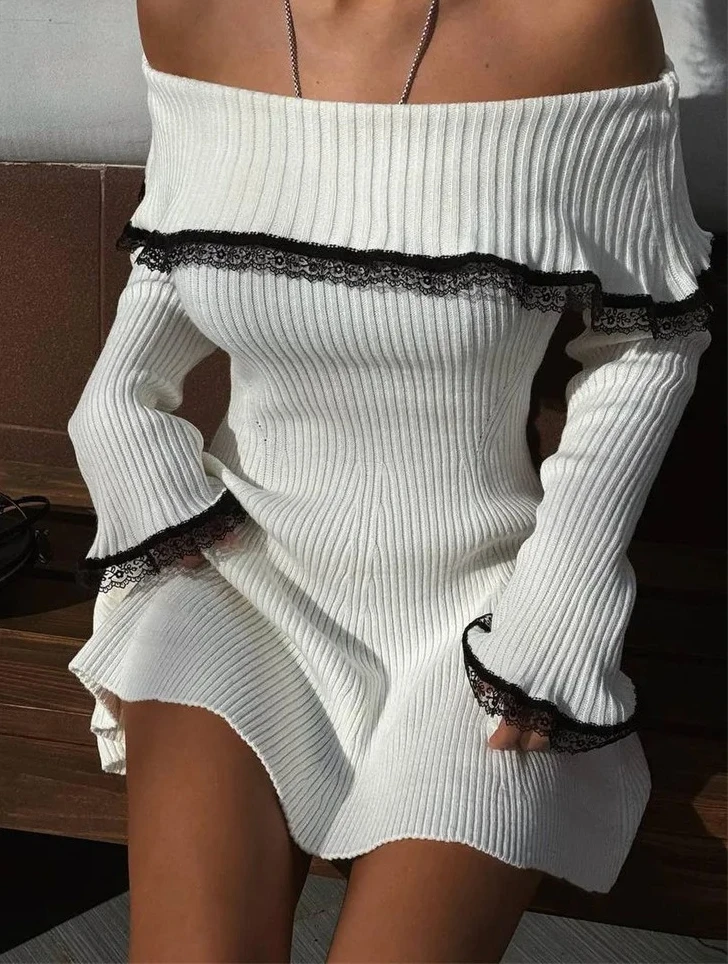 Knit Off-Shoulder Sweater Dress Women's Lace Ribbed Slim Backless Elegant Party Dress Knitwear Mini Dress
Knit Off-Shoulder Sweater Dress Women's Lace Ribbed Slim Backless Elegant Party Dress Knitwear Mini Dress