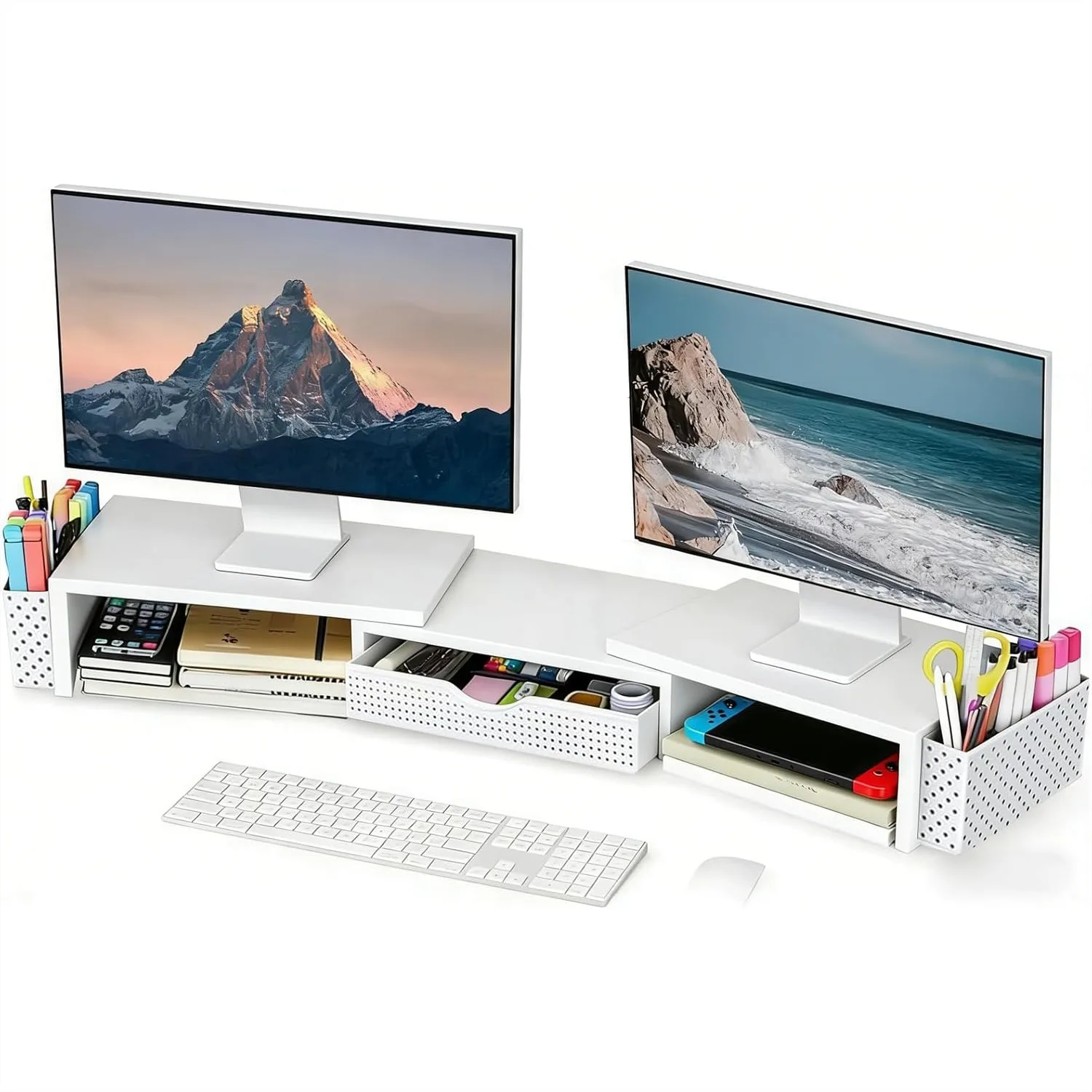Dual Monitor Stand Riser with Drawer and Pen Holders, Adjustable Length Desk Organizer for Home Office, Ergonomic Workspace
Dual Monitor Stand Riser with Drawer and Pen Holders, Adjustable Length Desk Organizer for Home Office, Ergonomic Workspace