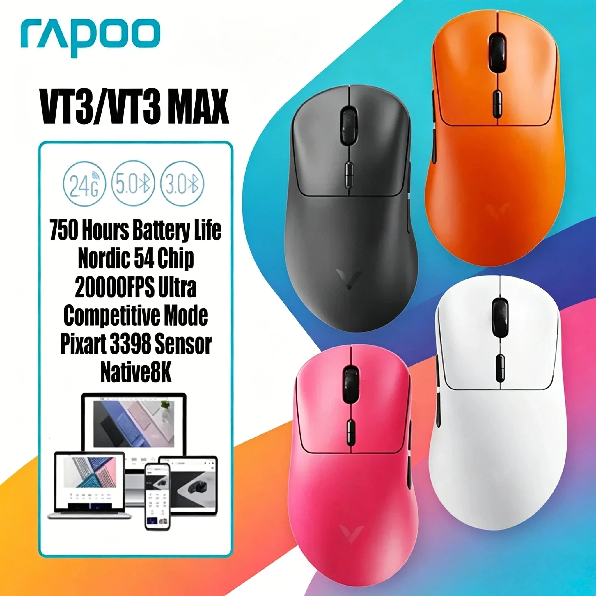 Rapoo VT3 Wireless Mouse VT3 MAX True 8K Polling Rate 53g Lightweight Up to 750Hr Battery Life Macro Enabled Plus
Rapoo VT3 Wireless Mouse VT3 MAX True 8K Polling Rate 53g Lightweight Up to 750Hr Battery Life Macro Enabled Plus