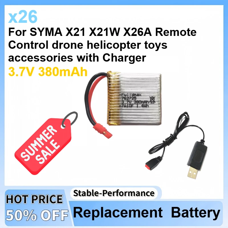 3.7V 1.4Wh 380mAh X26 Upgrade Lipo Battery for SYMA X21 X21W X26A Remote Control Drone Helicopter Toys Accessories with Charger
3.7V 1.4Wh 380mAh X26 Upgrade Lipo Battery for SYMA X21 X21W X26A Remote Control Drone Helicopter Toys Accessories with Charger