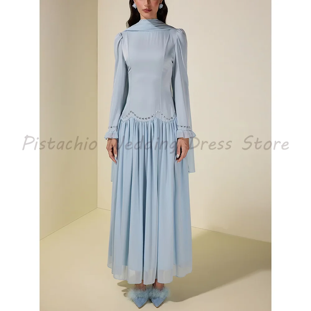Elegant Light Blue Chiffon Evening Dress High Neck Long Sleeve Rhinestone Decor Flowy Ankle Length Formal Party Gown With Scarf
Elegant Light Blue Chiffon Evening Dress High Neck Long Sleeve Rhinestone Decor Flowy Ankle Length Formal Party Gown With Scarf