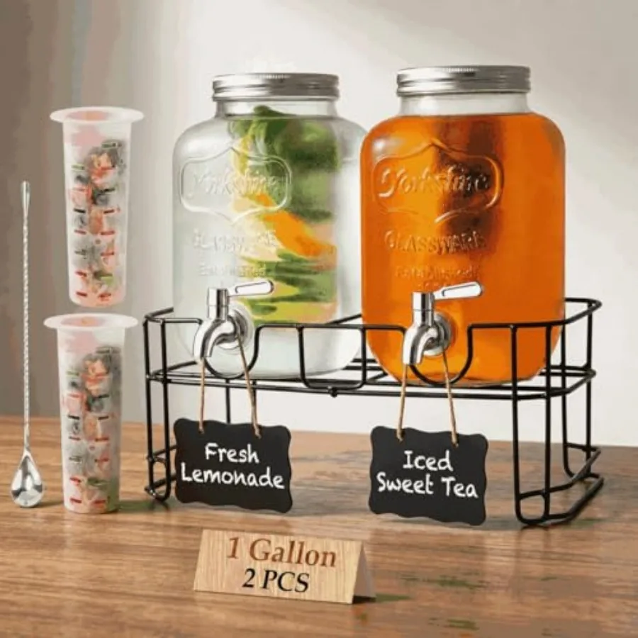 2-Pack 1-Gallon Glass Drink Dispensers with Heavy-Duty Wire Stand - 304 Stainless Steel Spigot and Mixing Spoon - 100% Leakproo
2-Pack 1-Gallon Glass Drink Dispensers with Heavy-Duty Wire Stand - 304 Stainless Steel Spigot and Mixing Spoon - 100% Leakproo