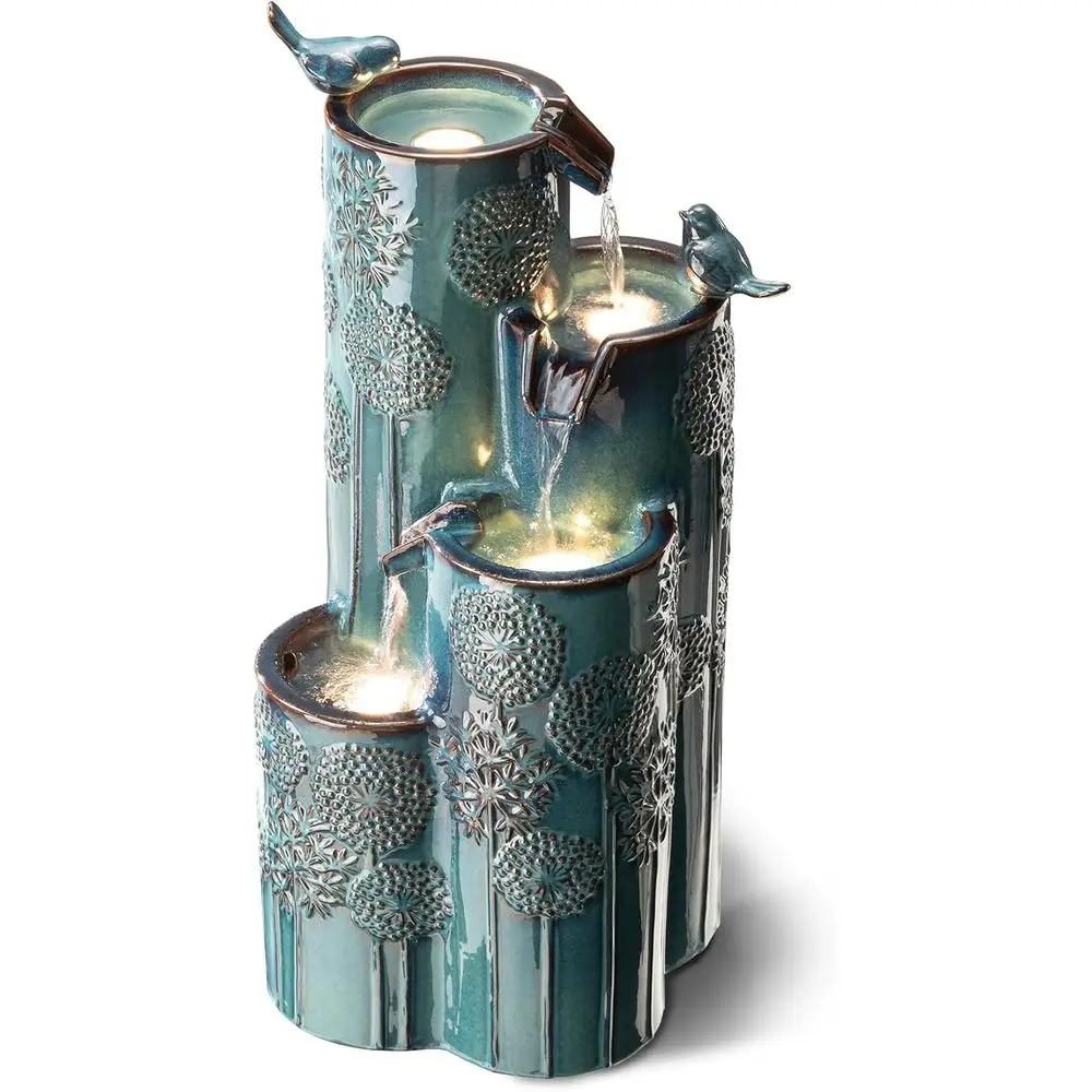 4-Tier Turquoise Outdoor Fountain with LED Lights, Pump, and Bird Decorations for Garden, Patio, or Deck
4-Tier Turquoise Outdoor Fountain with LED Lights, Pump, and Bird Decorations for Garden, Patio, or Deck
