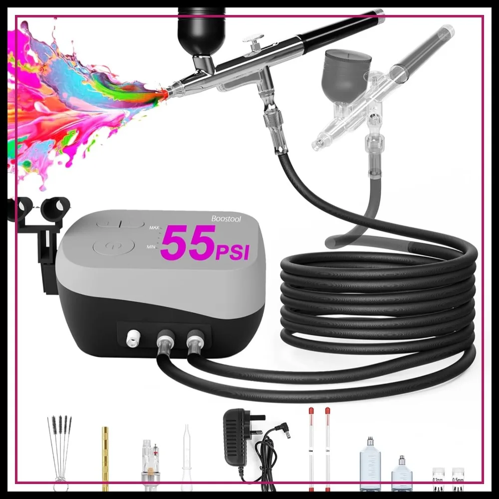 55 PSI Airbrush Kit with Compressor, Switchable Single/Dual Airflow, 0.2/0.3/0.5mm Nozzles for Painting, Cake Decor, Nails
55 PSI Airbrush Kit with Compressor, Switchable Single/Dual Airflow, 0.2/0.3/0.5mm Nozzles for Painting, Cake Decor, Nails