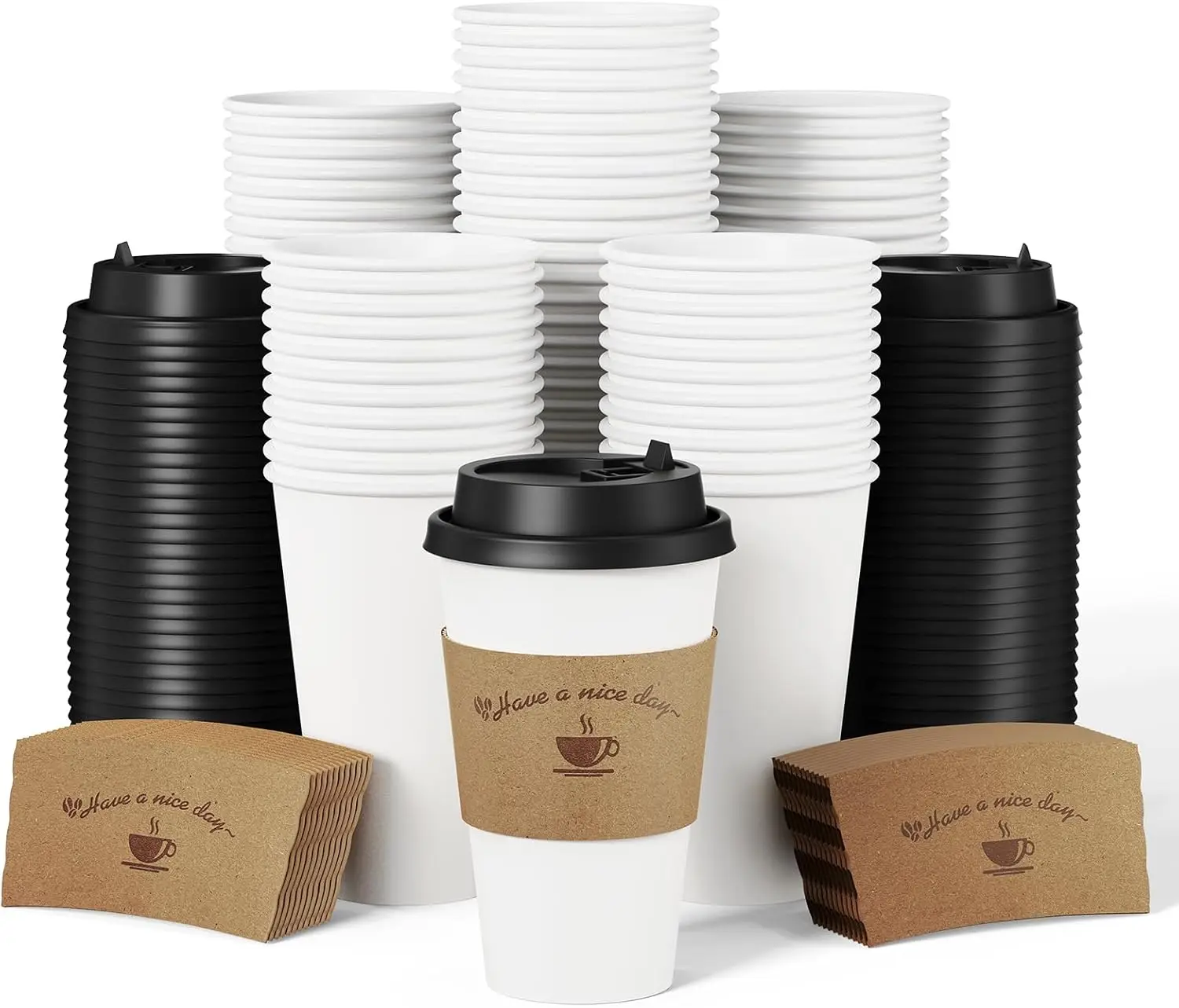 100 Pack 16 oz Disposable Coffee Cups with Lids and Kraft Sleeves, Leak-Proof White To Go Coffee Cups for Office, Cafe,
100 Pack 16 oz Disposable Coffee Cups with Lids and Kraft Sleeves, Leak-Proof White To Go Coffee Cups for Office, Cafe,