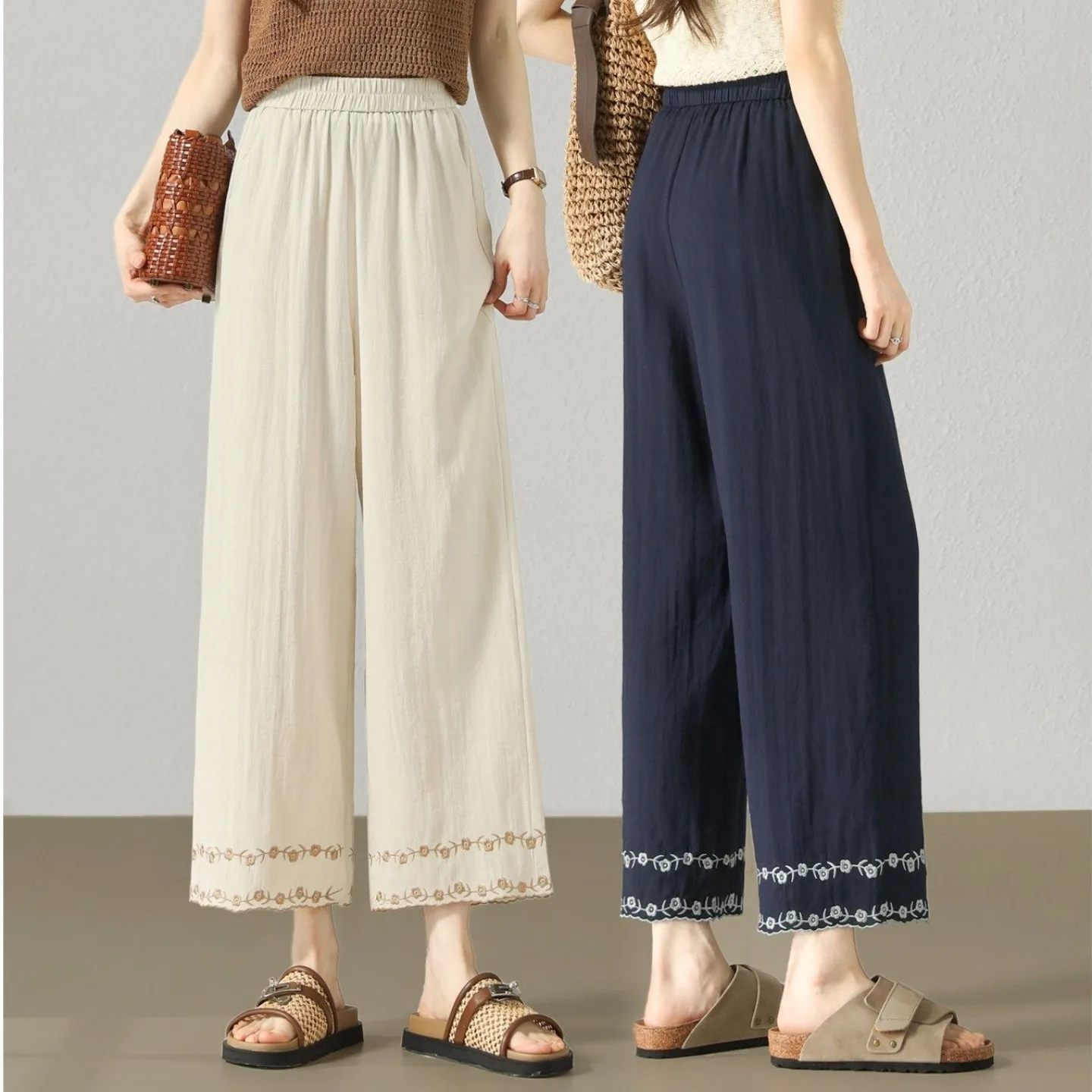 Casual Cotton Linen Wide Leg Pants Women's plus Size Summer New Style Embroidered Straight Nine Points Thin Pants
Casual Cotton Linen Wide Leg Pants Women's plus Size Summer New Style Embroidered Straight Nine Points Thin Pants