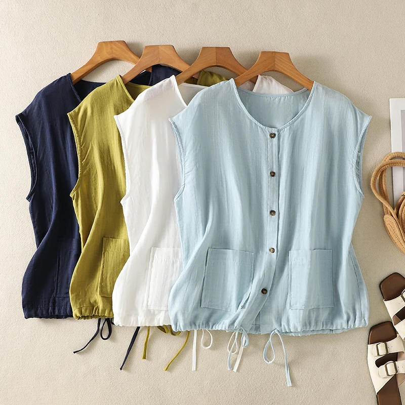 Korean Style Women's Summer Thin Cotton Linen Vest Shirt Drawstring Sleeveless Casual Top Trendy Fashion Retro Wind
Korean Style Women's Summer Thin Cotton Linen Vest Shirt Drawstring Sleeveless Casual Top Trendy Fashion Retro Wind