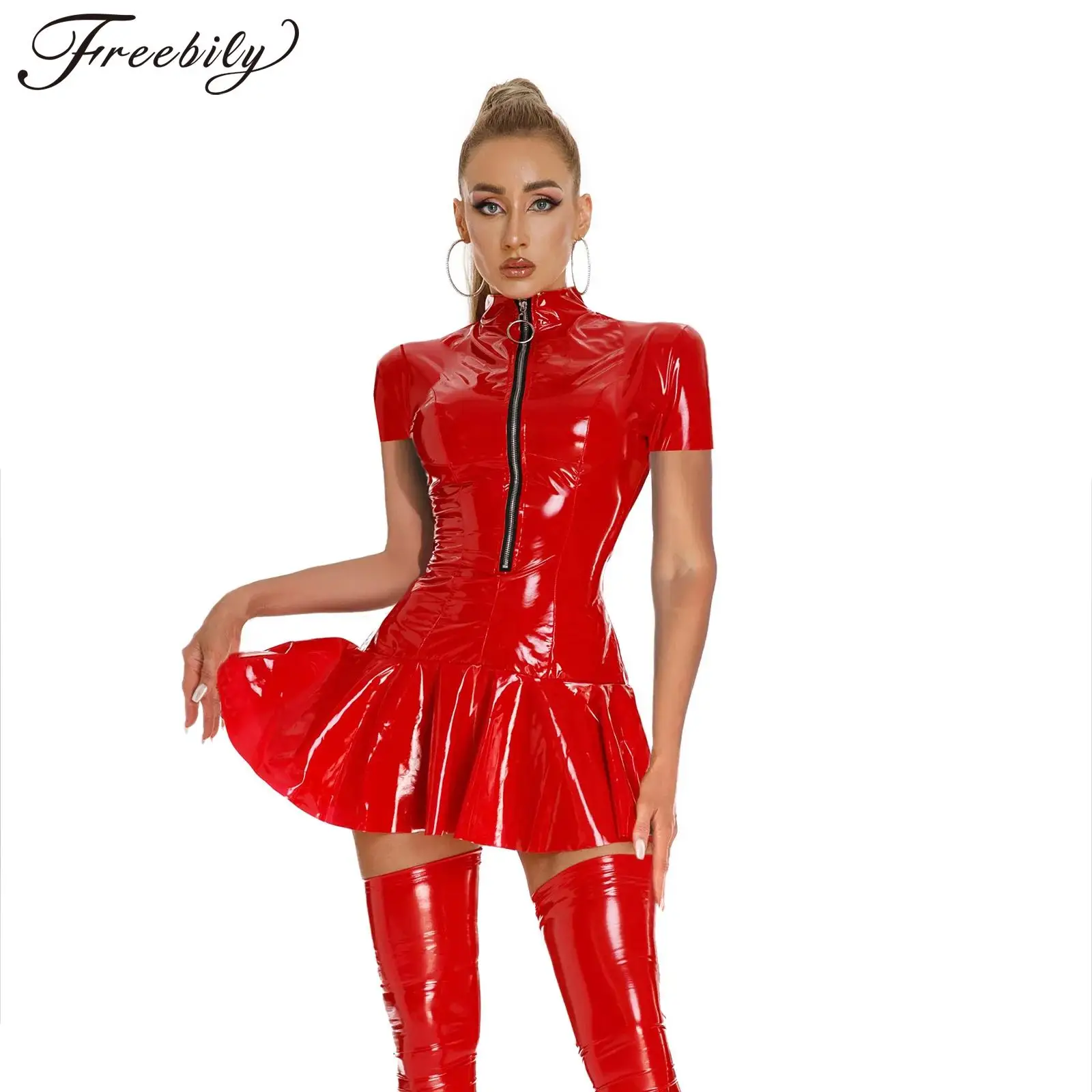 Womens Wet Look Patent Leather Dress Short Sleeve Stand Collar Zipper Mini Dresses for Rave Party Club Pole Dancing Performance
Womens Wet Look Patent Leather Dress Short Sleeve Stand Collar Zipper Mini Dresses for Rave Party Club Pole Dancing Performance