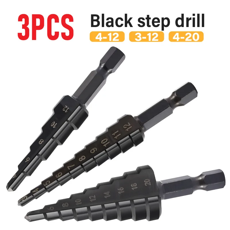 3-12/4-12/4-20mm HSS Step Drill Bits 3PCS Set, Nitriding Black & Titanium Coated
3-12/4-12/4-20mm HSS Step Drill Bits 3PCS Set, Nitriding Black & Titanium Coated