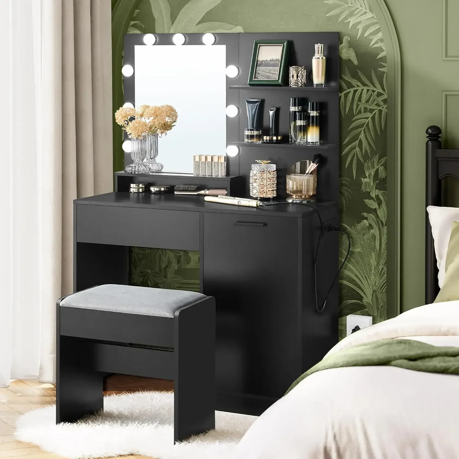 Vanity Desk with Mirror and Lights, 35.4-Inch Wide Makeup Vanity with Upholstered Vanity Stool, Power Outlets
Vanity Desk with Mirror and Lights, 35.4-Inch Wide Makeup Vanity with Upholstered Vanity Stool, Power Outlets