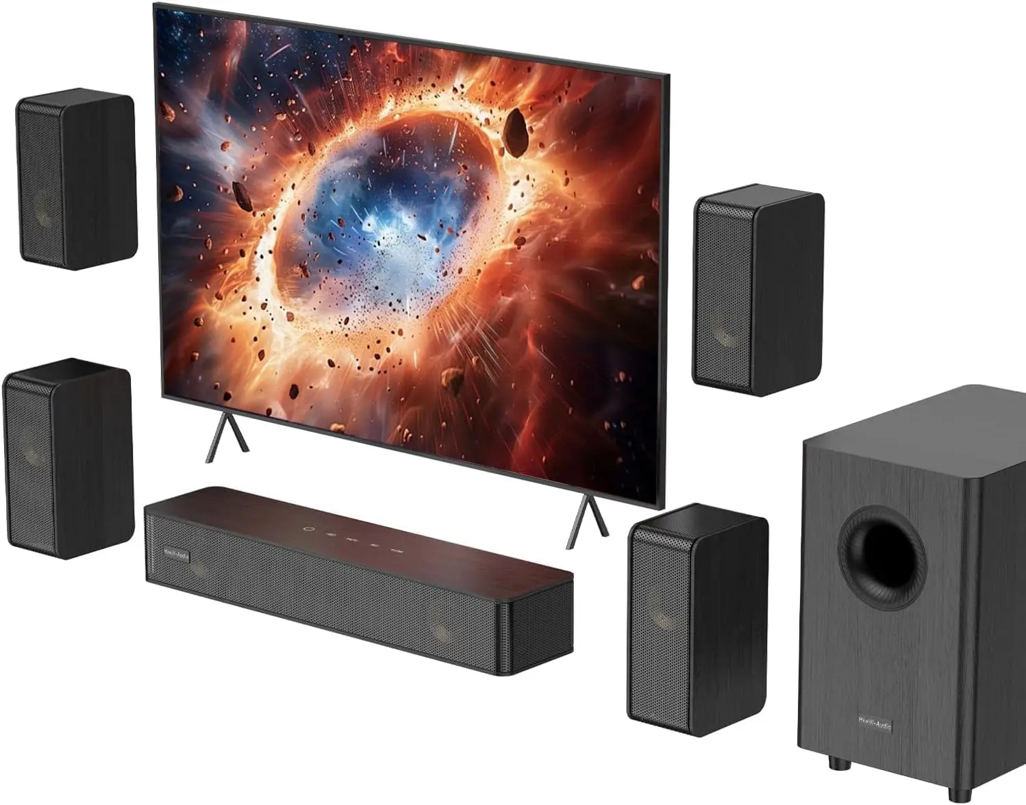 5.1.2 Virtual Surround Sound System for Small Rooms, Compact Smart TV Sound Bar with 4 Wired Speakers, Clear Voice & Deep Bass, 5.25'' Subwoofer, Easy Setup, ARC/OPT/BT
5.1.2 Virtual Surround Sound System for Small Rooms, Compact Smart TV Sound Bar with 4 Wired Speakers, Clear Voice & Deep Bass, 5.25'' Subwoofer, Easy Setup, ARC/OPT/BT