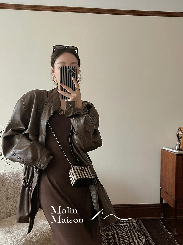 Molin Vintage Brown Distred Design Leather Jaet Korean Sle Select High Level Loose Outerwear Women's Faion
Molin Vintage Brown Distred Design Leather Jaet Korean Sle Select High Level Loose Outerwear Women's Faion
