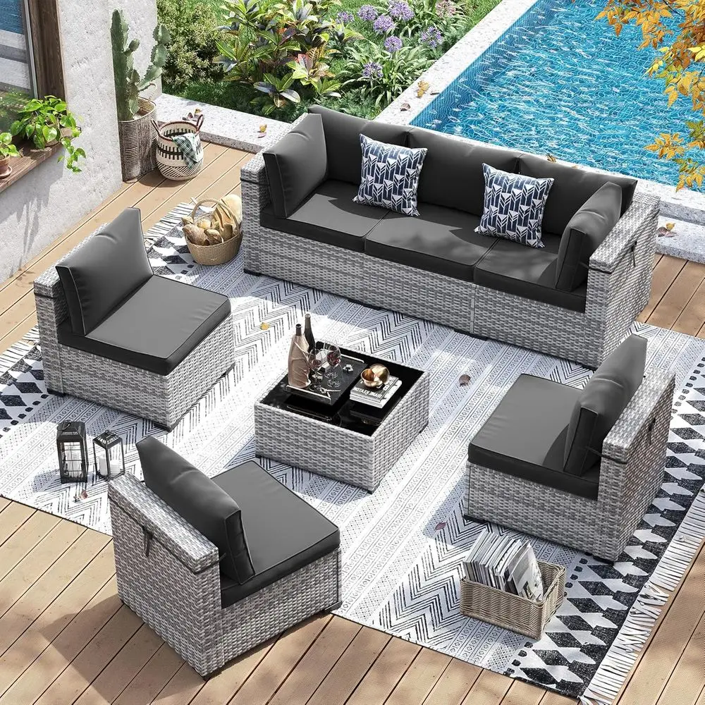 7-Piece Outdoor PE Wicker Sectional Sofa Set with Tea Table, Ideal for Patio, Garden, Backyard - Black Cushions, Grey Rattan
7-Piece Outdoor PE Wicker Sectional Sofa Set with Tea Table, Ideal for Patio, Garden, Backyard - Black Cushions, Grey Rattan