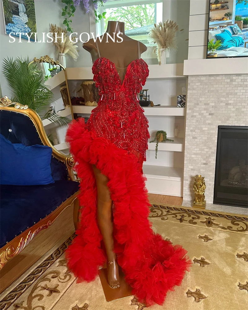 New Design 2025 Luxury Red Mermaid Prom Dress Side Split Ruffles Tiered Glitter Beads Crystals Vestido De Novia Customized
New Design 2025 Luxury Red Mermaid Prom Dress Side Split Ruffles Tiered Glitter Beads Crystals Vestido De Novia Customized