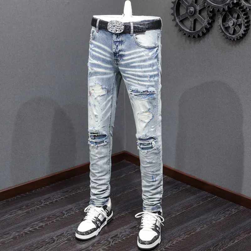 American street fashion light blue men's jeans retro stretch slim fit ripped hip-hop brand hip-hop brand tight pants Y2K
American street fashion light blue men's jeans retro stretch slim fit ripped hip-hop brand hip-hop brand tight pants Y2K